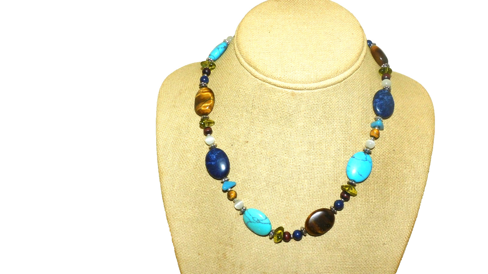 17″ TURQUOISE TIGER EYE STONE & COLORED GLASS BEAD CHOKER BUTTON CLASP NECKLACE
