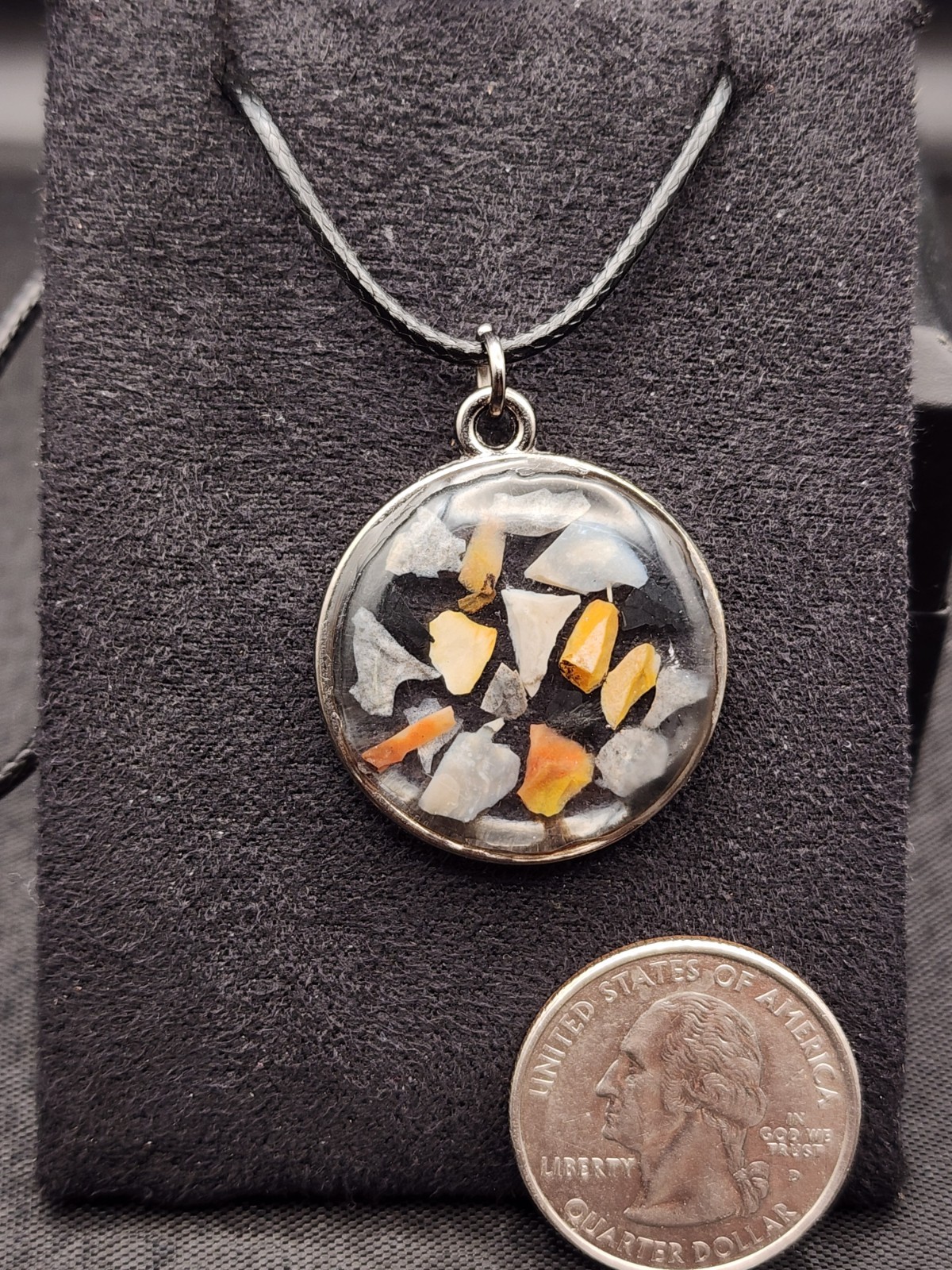 Handcrafted Rock Chips In Resin Pendant On A 22 In. Silk Rope Necklace
