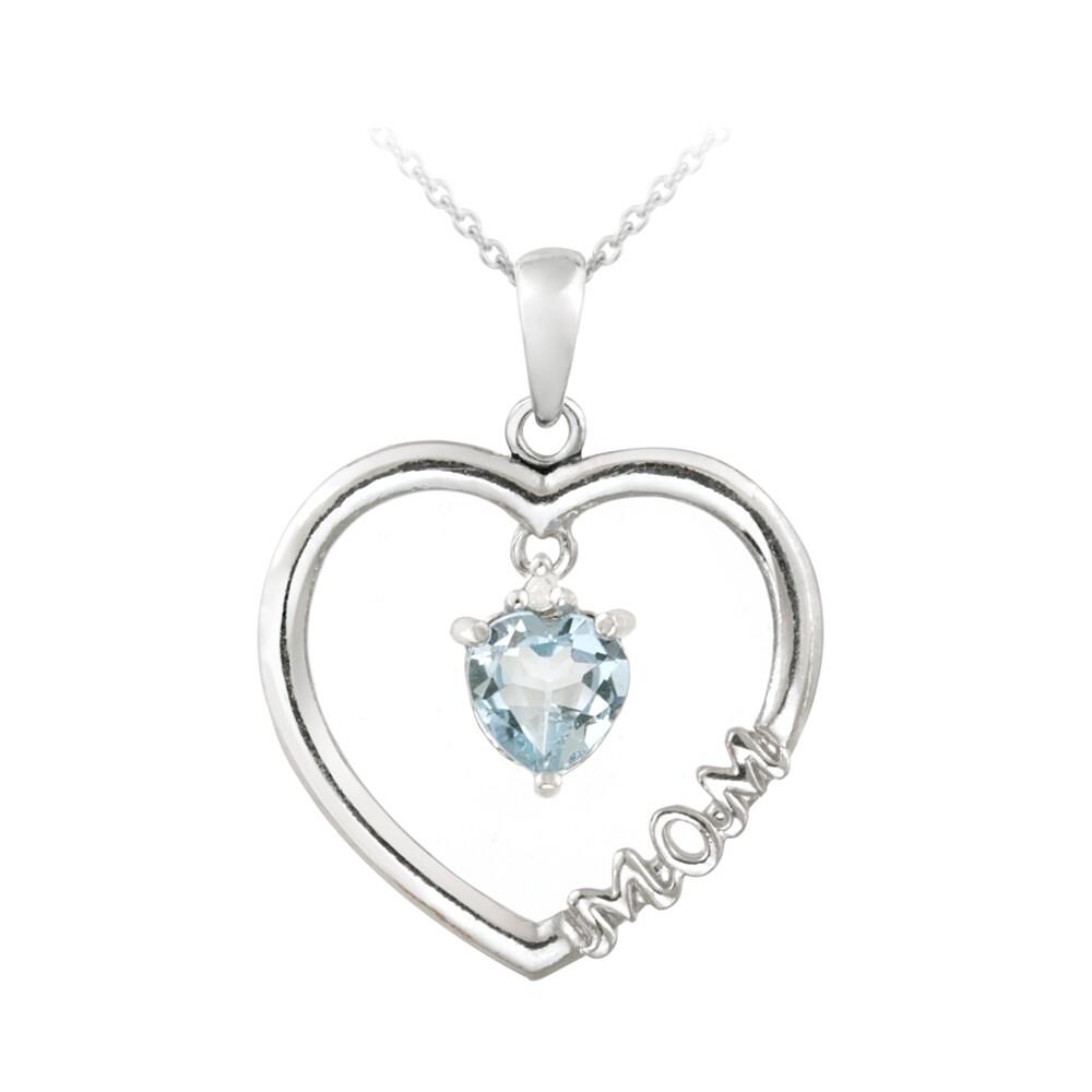 925 Silver Dangling .90ct Blue Topaz & Diamond Accent “Mom” Open Heart Necklace,