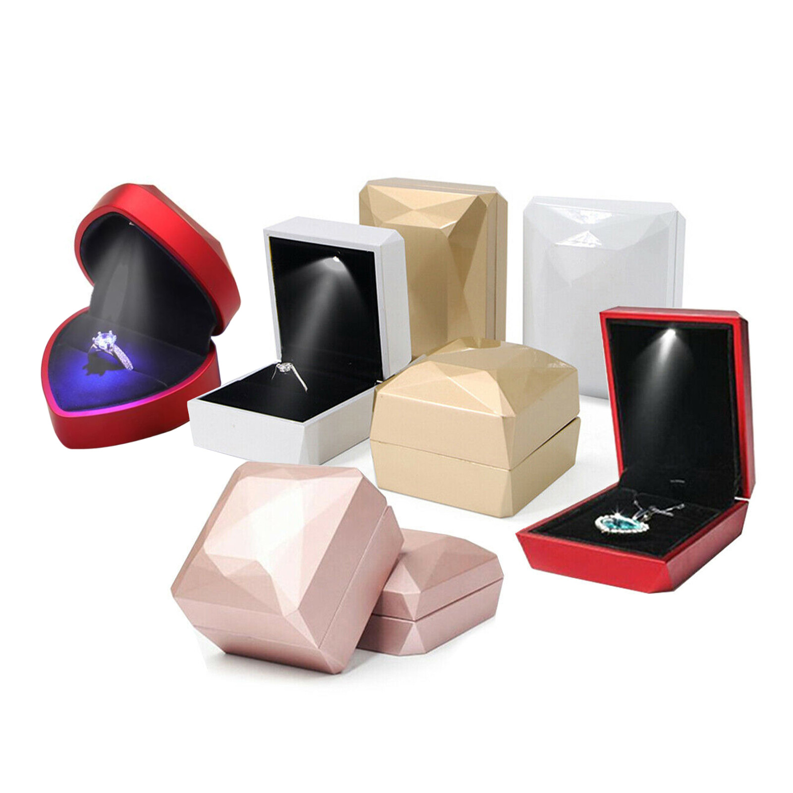 1/5/10pcs Deluxe LED Lighted Ring Necklace Jewelry Box Velvet Earring Gift Case