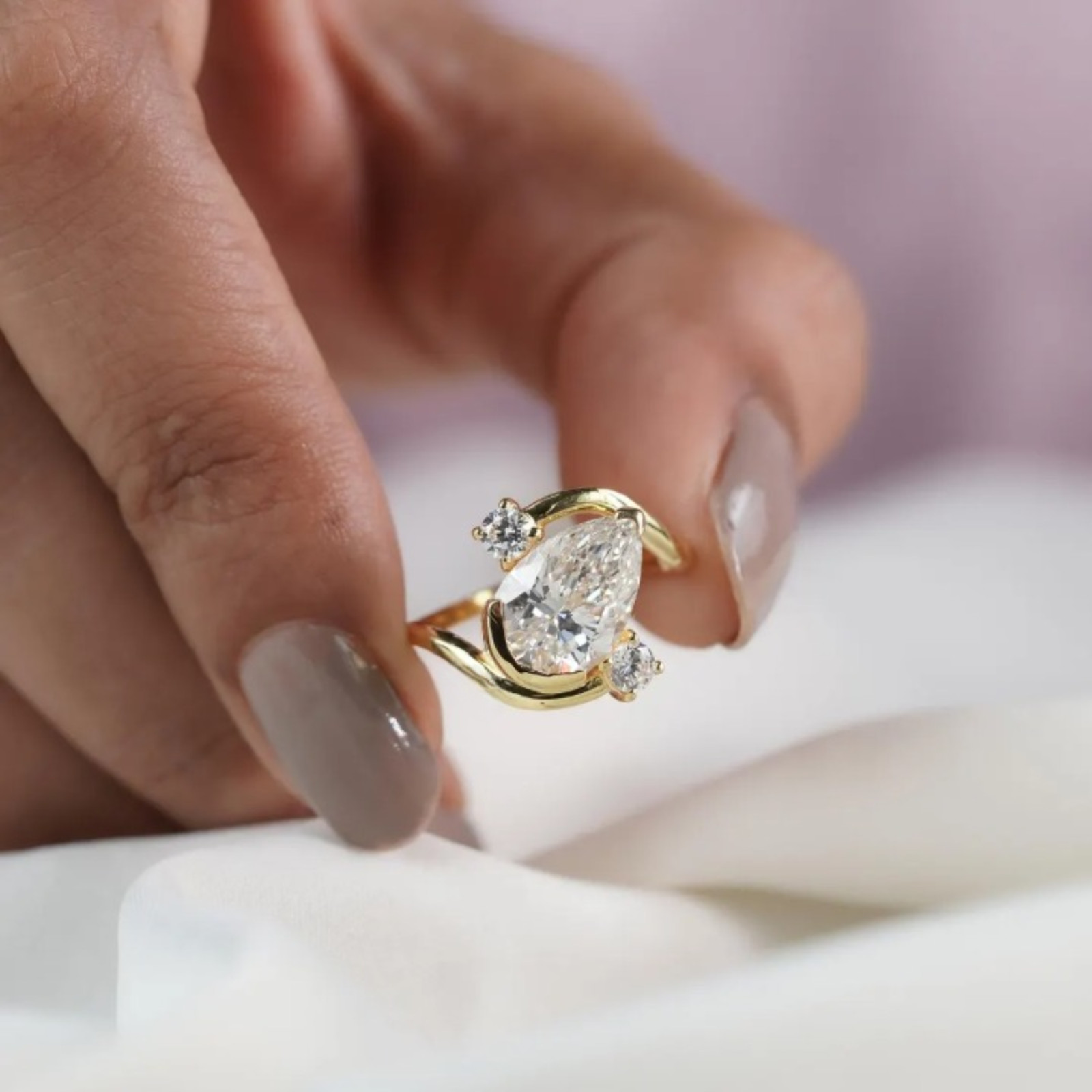 3 Carat Pear Cut Lab Grown Diamond Engagement Ring | 14k Yellow Gold VVS VS