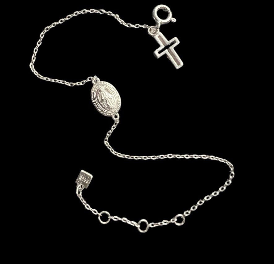 Miraculous Medal Bracelet Sterling 925 Silver + Cross Charm Adjusts 13 – 16cm