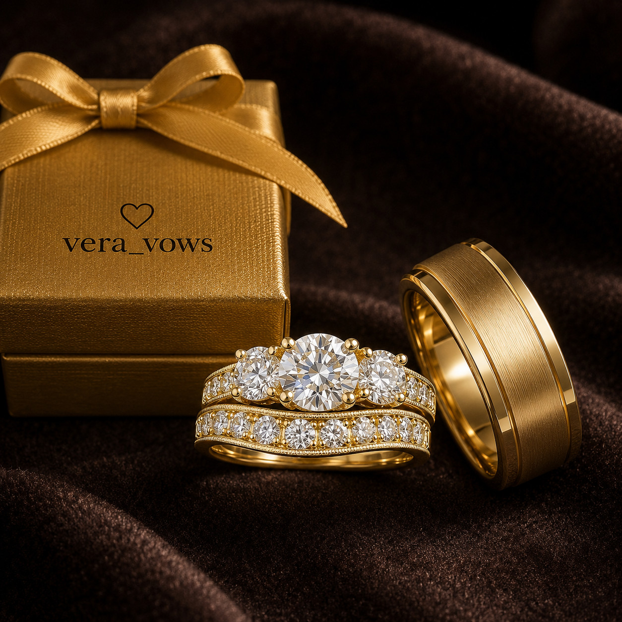 Attractive 2Ct Moissanite 14k Yellow Gold Plated Round Pass Test Trio Ring Set