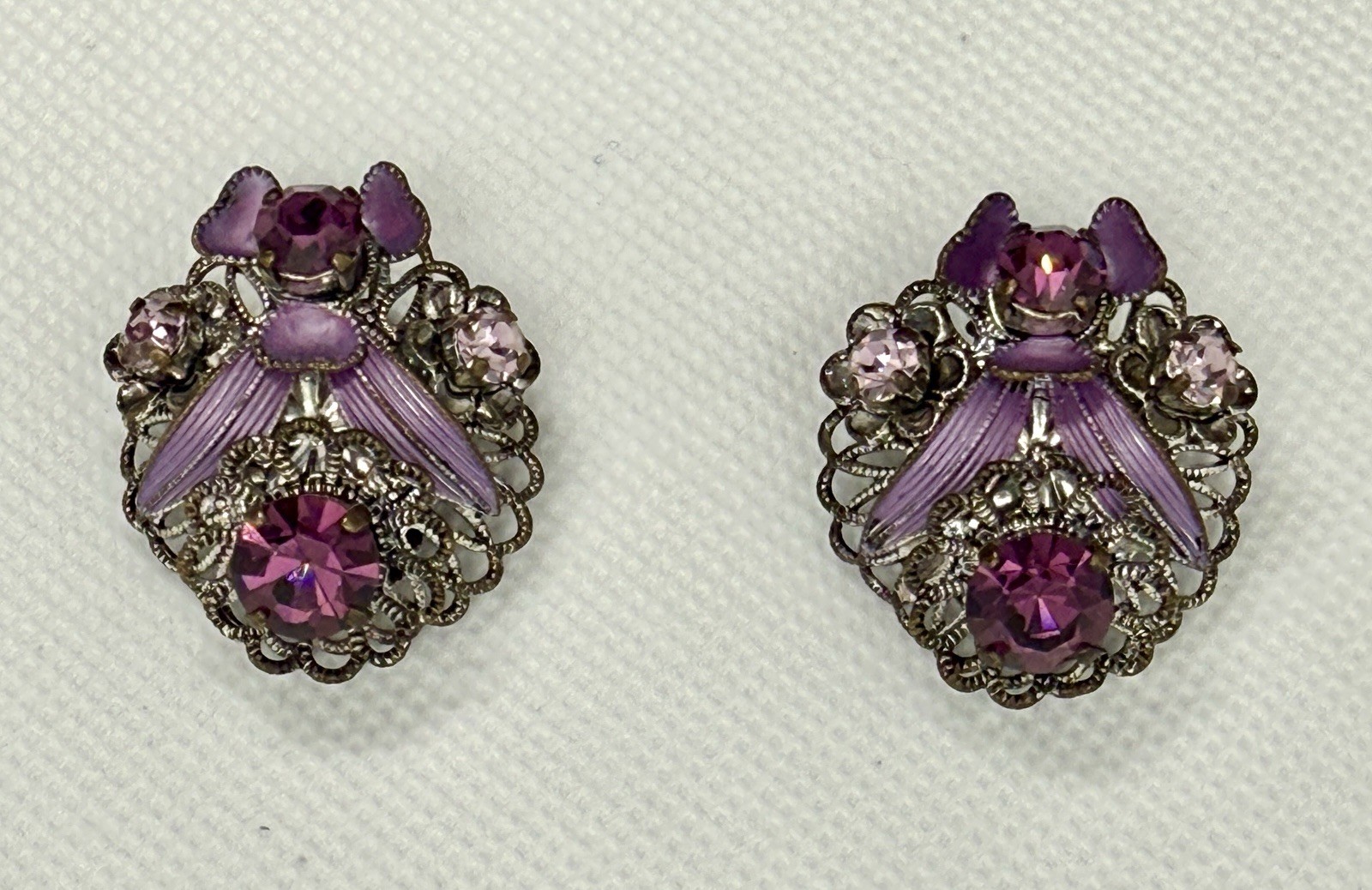 Western Germany Purple Rhinestone Enamel Parure Set Bracelet Earrings Lavender