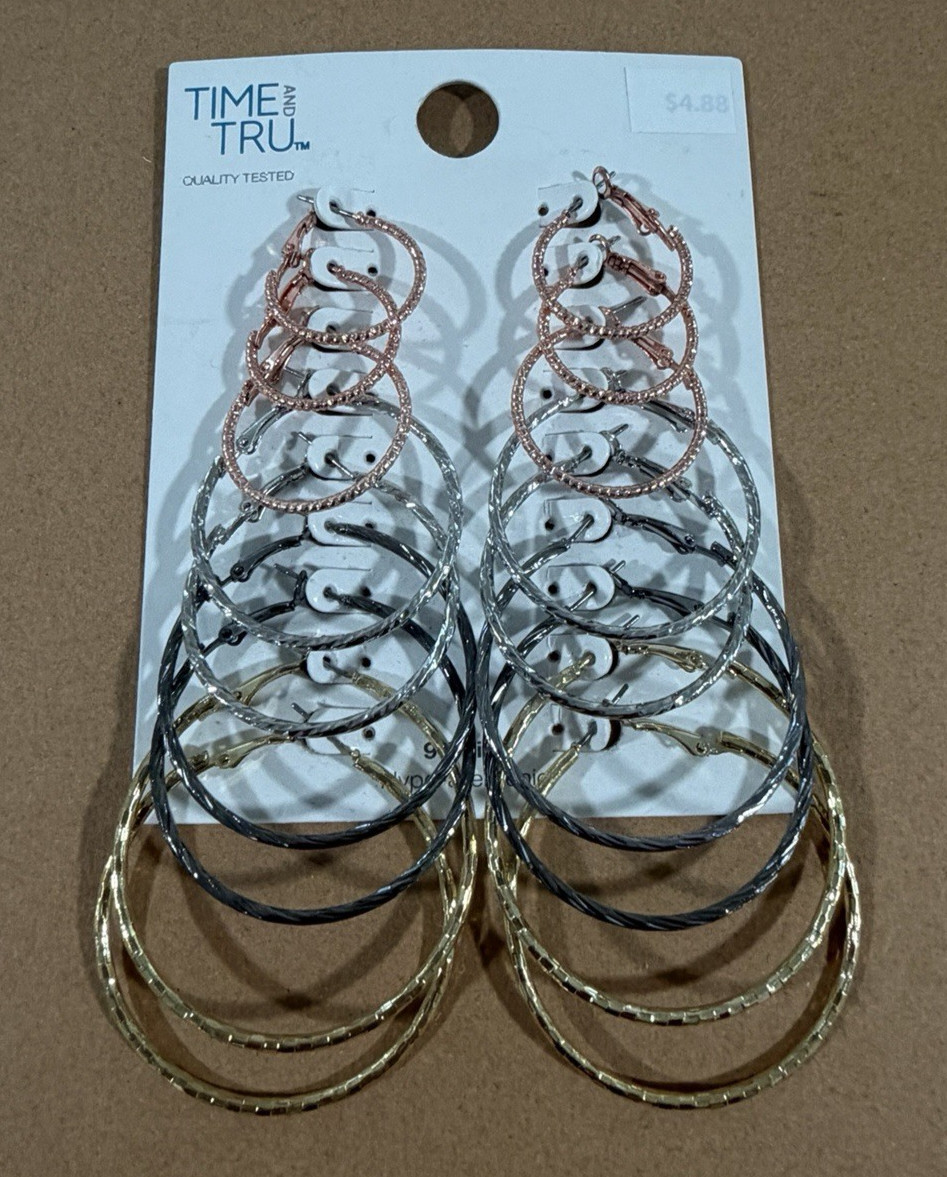 Time and Tru Women’s Mixed Plate Textured Hoop Earrings Set – 9 Pairs