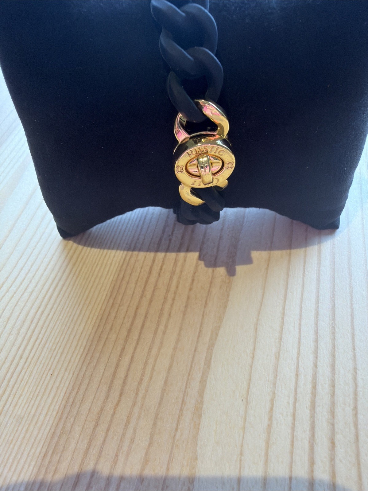 Rustic Cuff Gold Tone Logo Turn Lock BLACK Silicone Stretch Mock Chain Bracelet