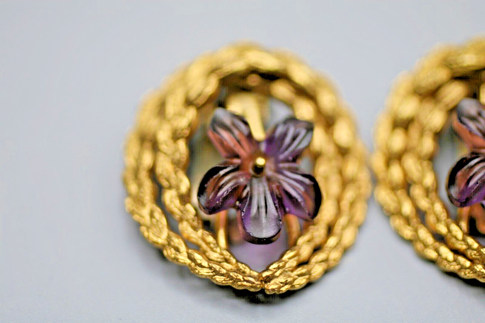 Gold Tone Flower Clip On Earrings Pansy Large Statement Made in Germany 40s R16