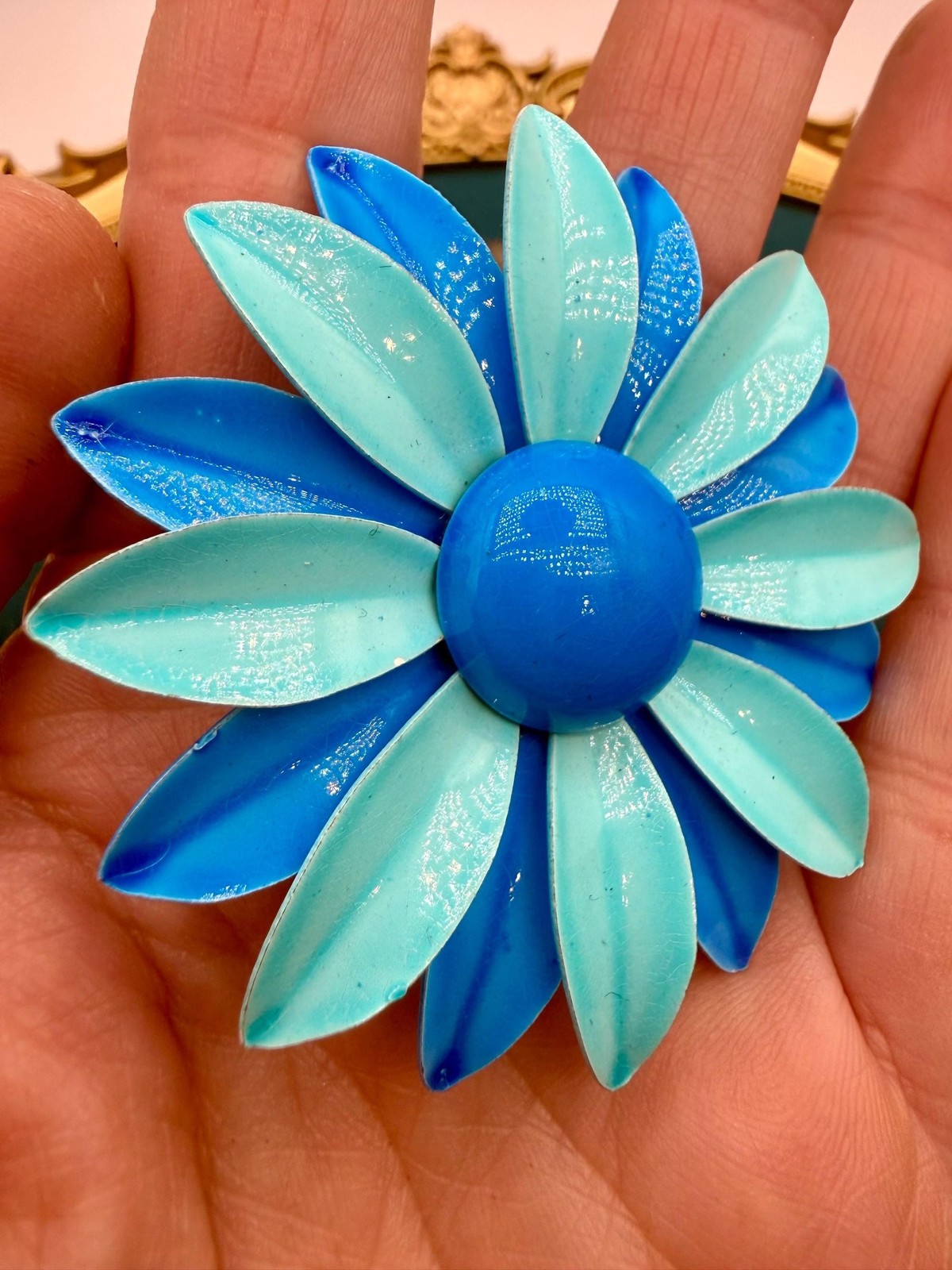 Vintage Enamel Daisy Brooch, Turquoise Cobalt Mod Floral Pin