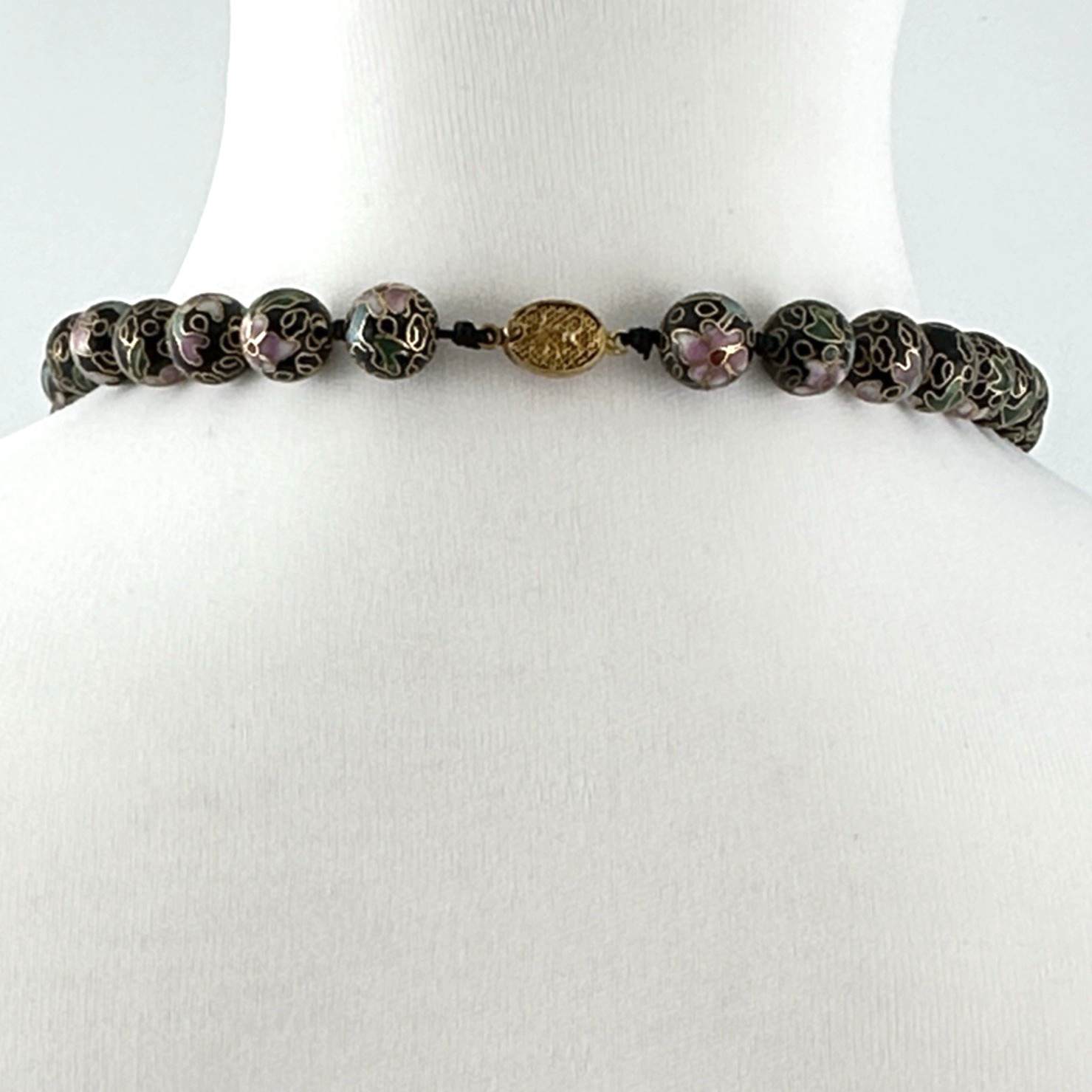 CLOISONNÉ vintage necklace – black & pink enamel floral beads 30″ Chinese export