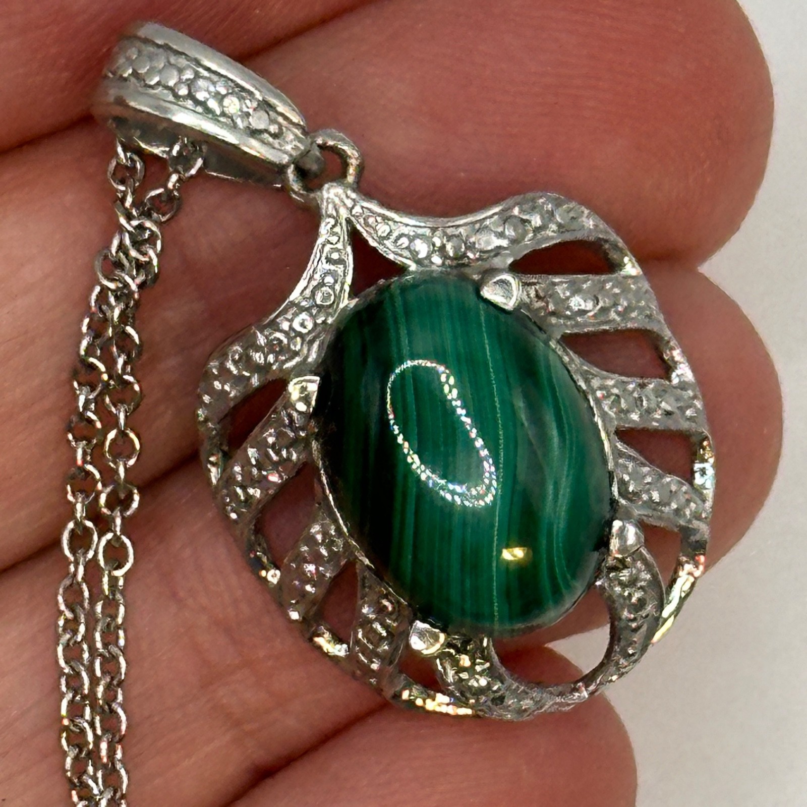 Chuck Clemency STS Karis Sterling Silver Malachite Pendant Necklace 20 In