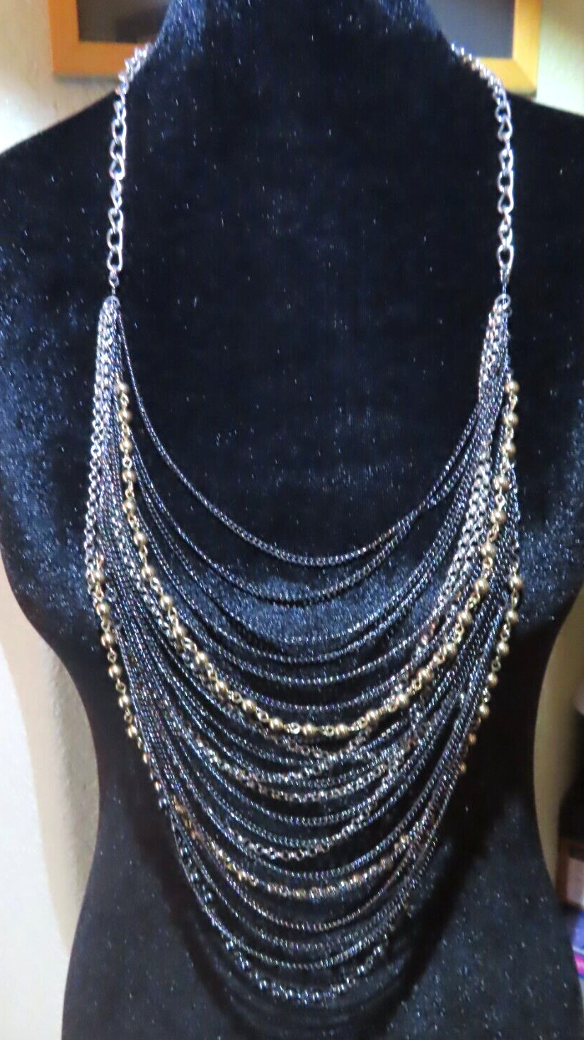 Black, Silver & Gold Tone Multi Strand Statement Necklace 40″ Long