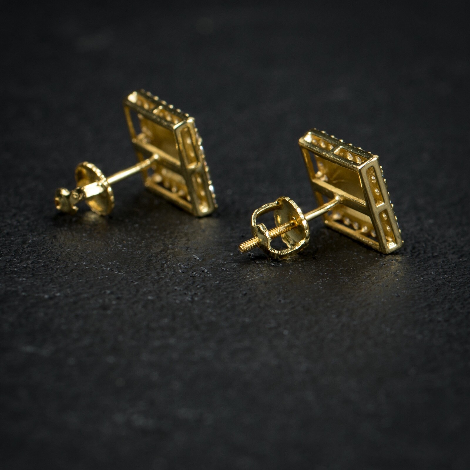 Mens Square Yellow Gold Plated Sterling Silver Iced Nugget Screw Back Earrings