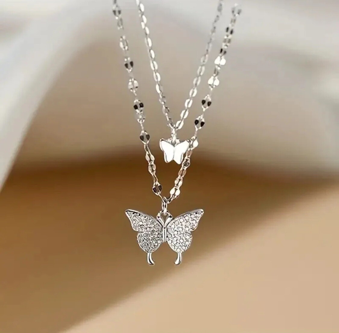 Sparkling Double Layer Butterfly Pendant Necklace Clavicle Chain Jewelry Fashion