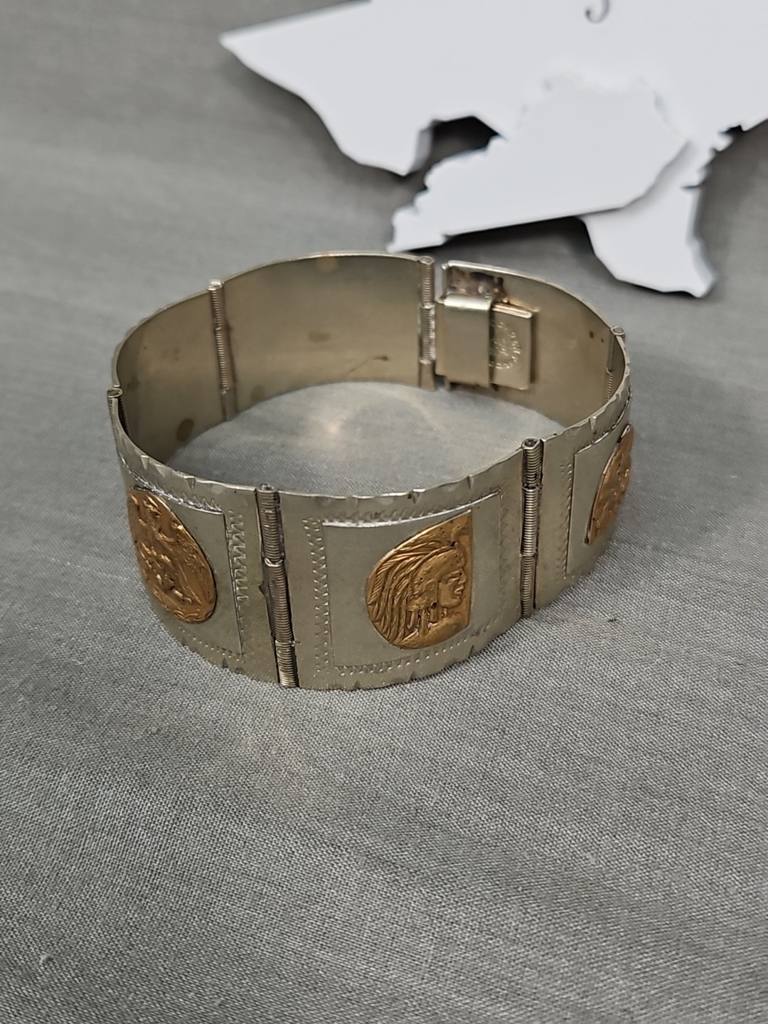 Vintage Alpaca Silver Mexico Two-Tone Mayan Sun Eagle Warrior 6¾” Panel Bracelet
