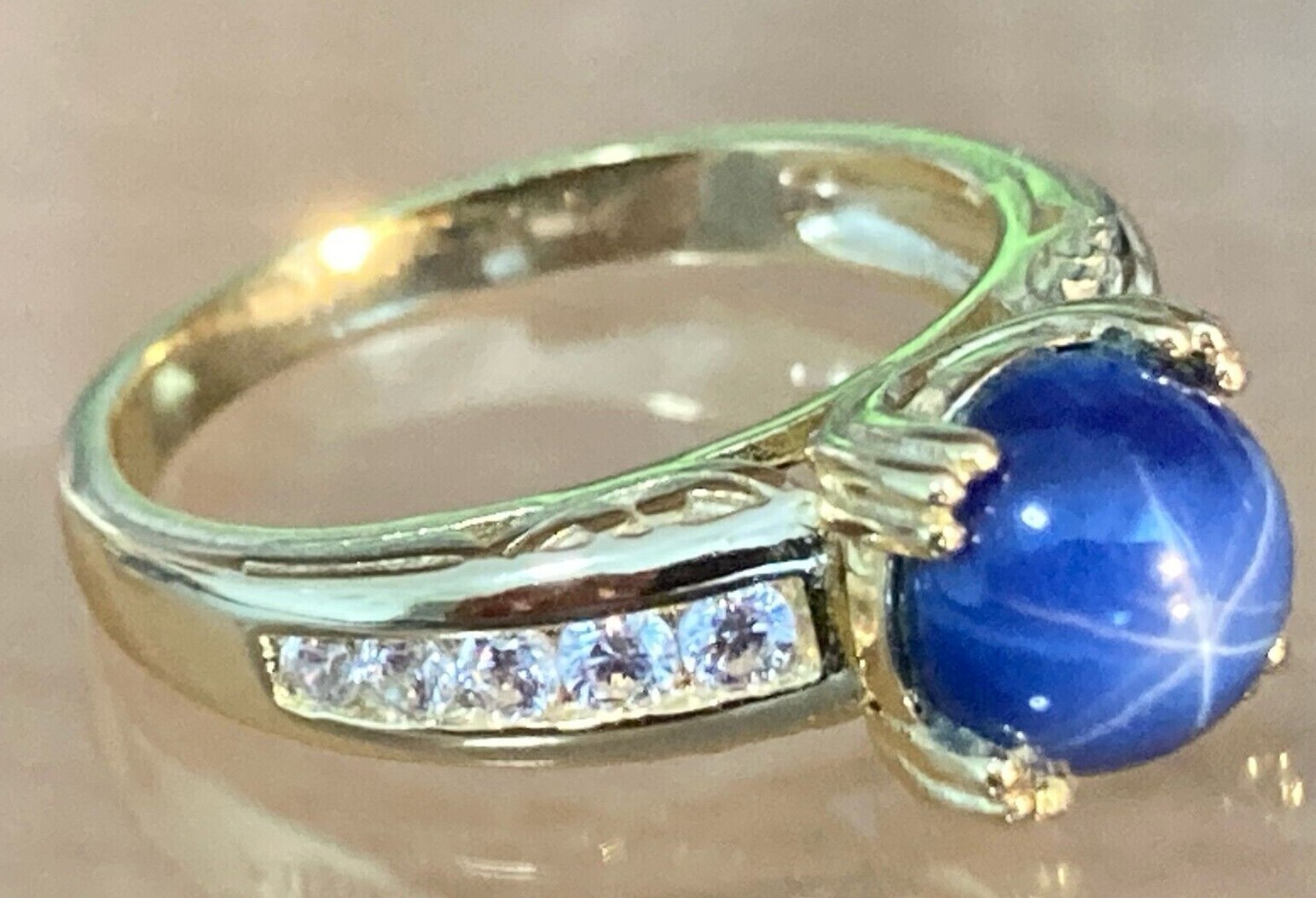 Blue Star Sapphire Ring 8mm Stone 14k Gold or Rhodium Finish Sizes 6-10US