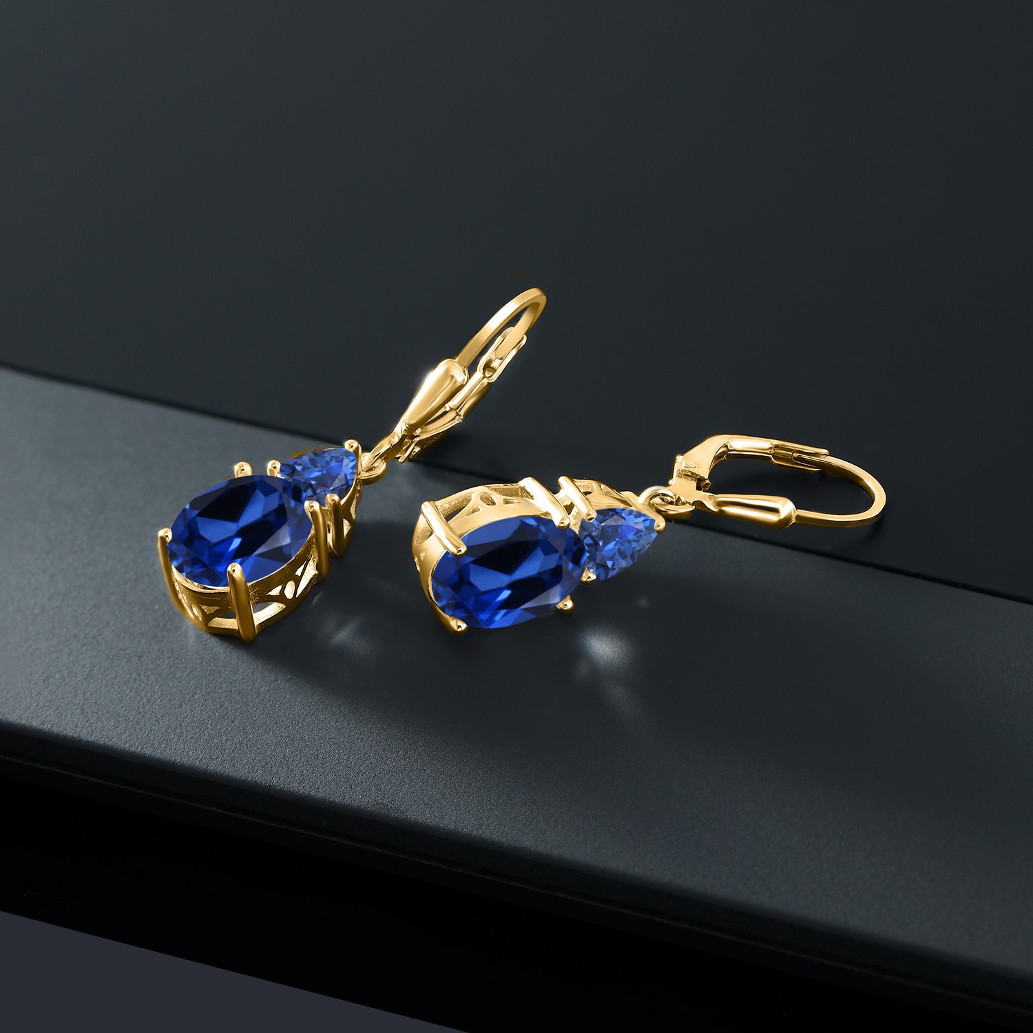 18K Yellow Gold Plated Silver Created Sapphire Dangle Earrings For Women (7.68