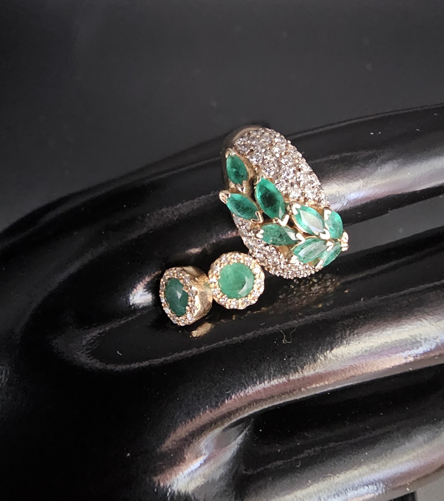 14K Gold Emerald & Diamond Ring BH Hallmark Effy Era Marquise Cluster
