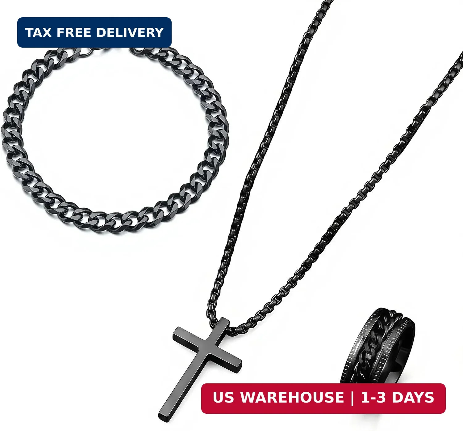 3-Piece Cross Pendant Necklaces Bracelets Rings Jewelry Sets for Men Women,Cuban