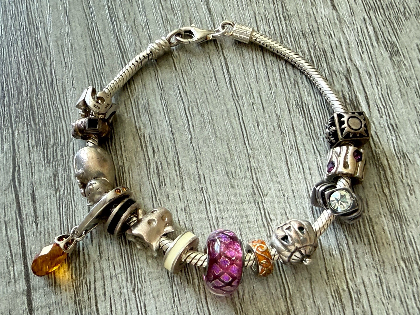 Chamilia Charm Bracelet Halloween Ghost Sterling Silver Beads Murano Glass 41g