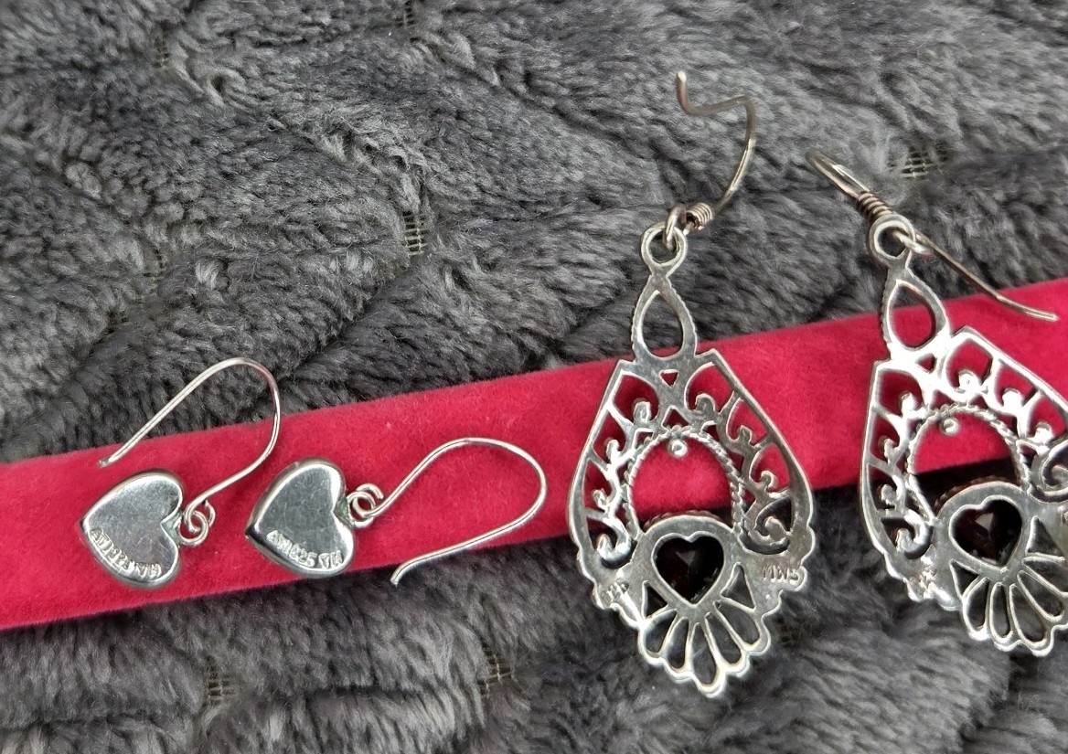 Sterling 925 Silver Stamped Earrings Set Bundle Heart Crystal Garnet Red Dangly