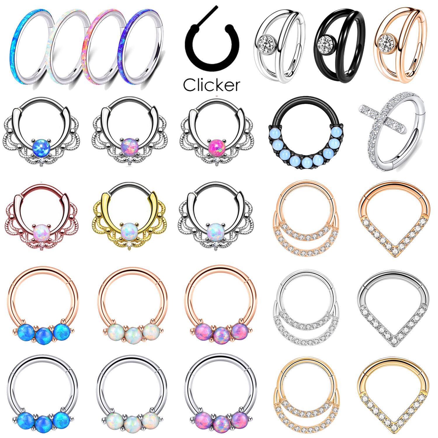 Opal Gem HINGED Segment Nose Ring Surgical Steel Septum Clicker Daith Hoop- ONE