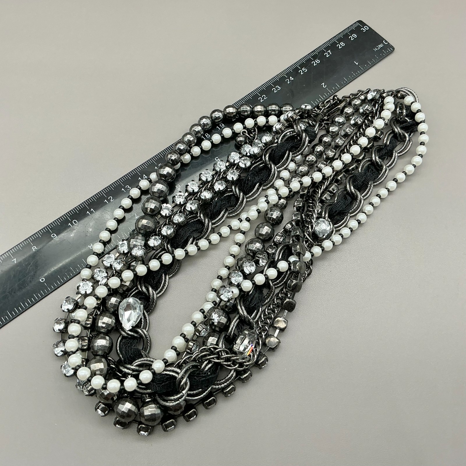 White House Black Market Necklace Gunmetal Faux Pearl Rhinestone Multi Strand