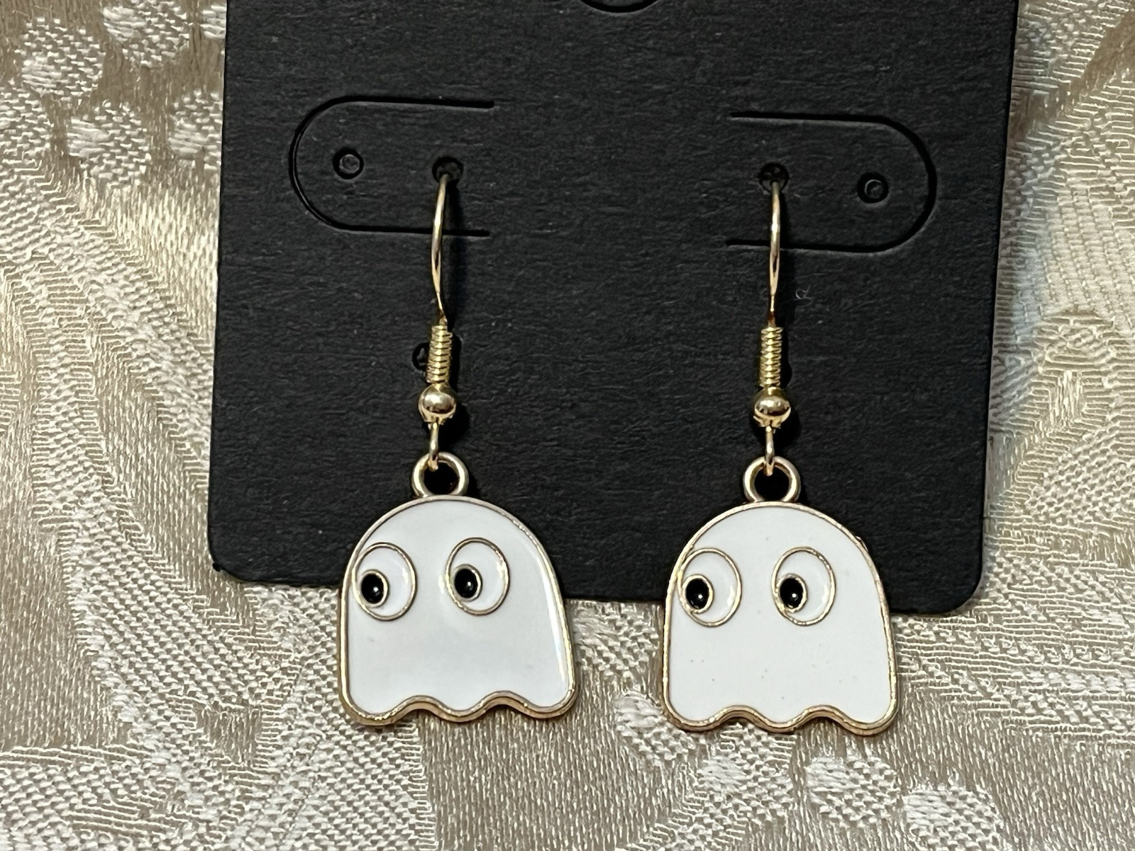 PAC Man DINKY White Ghost Gold Loop Enamel Drop Dangle Adorable Earring Set