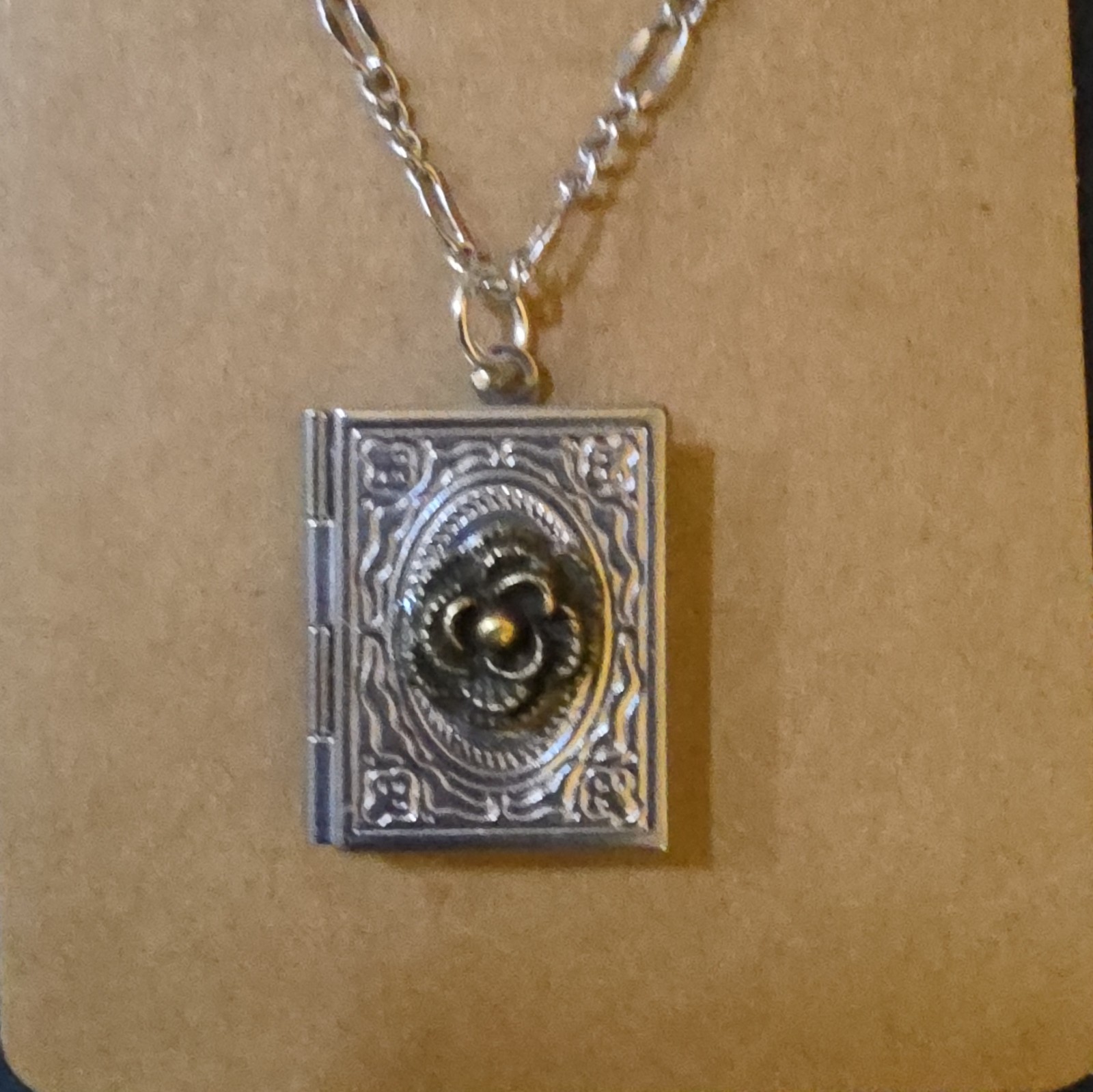 Silver Tone Rectangle Photo Locket Pendant Necklace, Floral Front, Figaro Chain