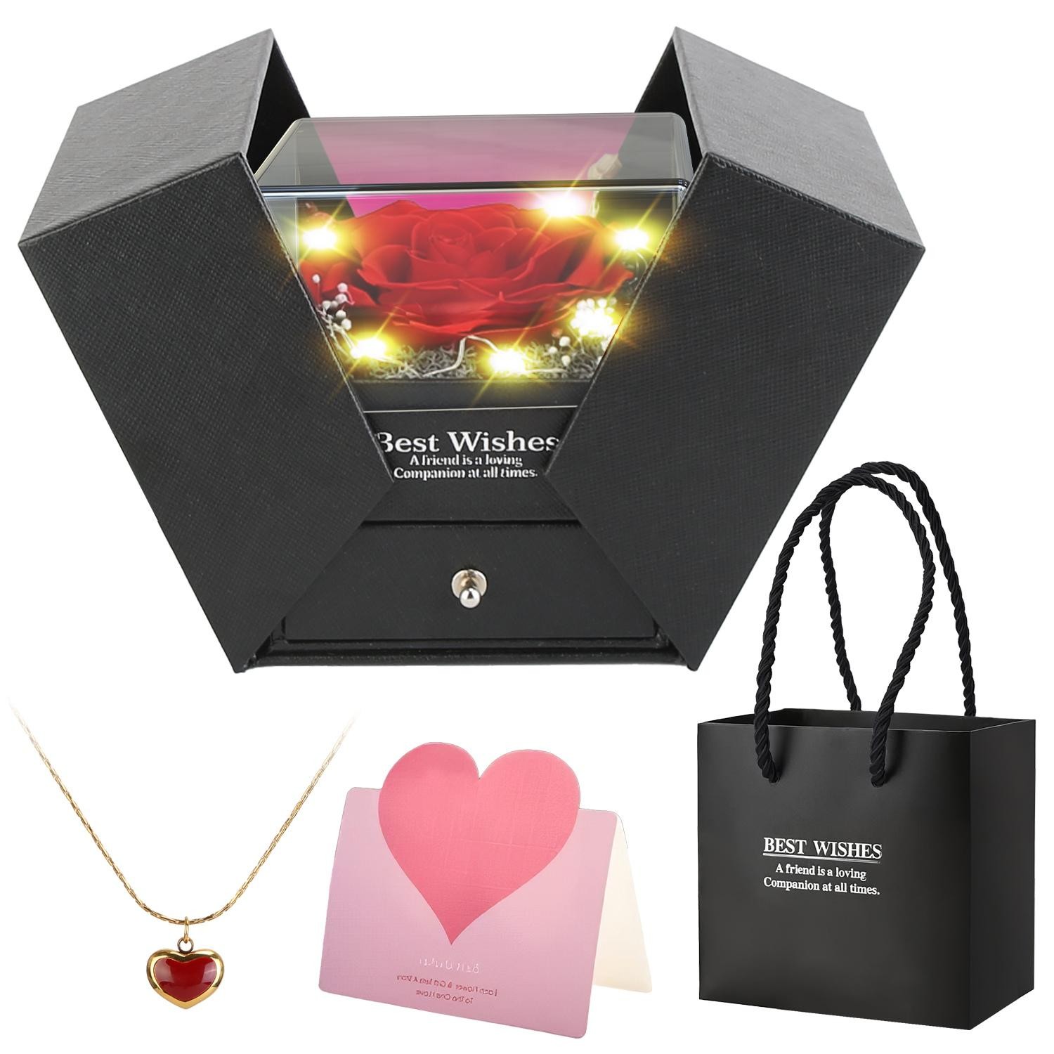 Preserved Red Real Rose w/ Heart Necklace Eternal Flowers w/ Golden