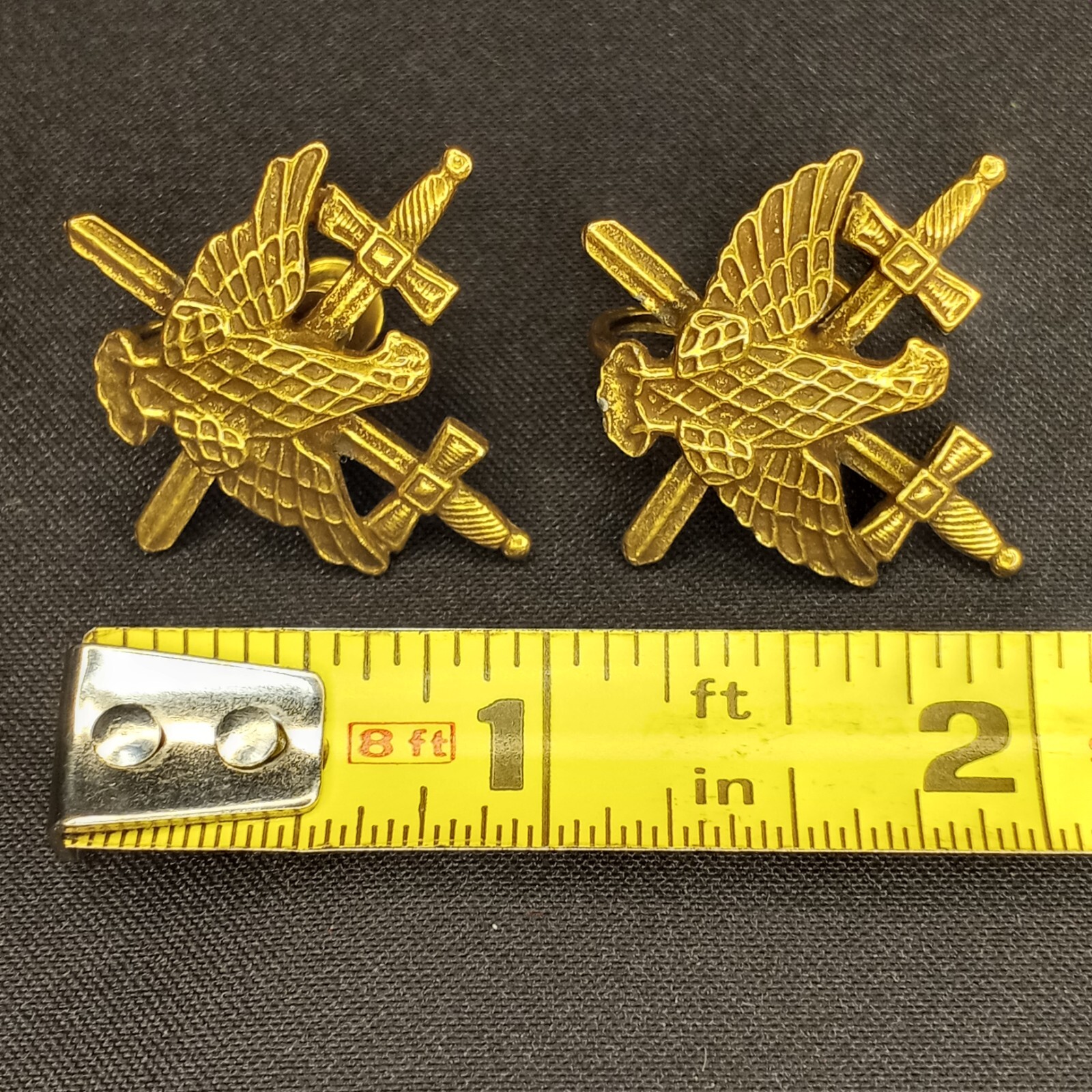 Large Vintage Earrings Sword Shield Crown Eagle Pin Military Style Gold Tone