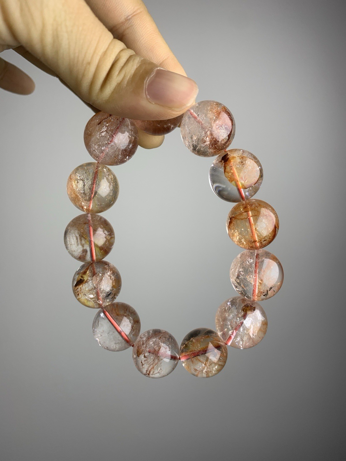 Natural Red Hematoid Quartz Beaded Bracelet With Clear Orange Red Beads 17mm