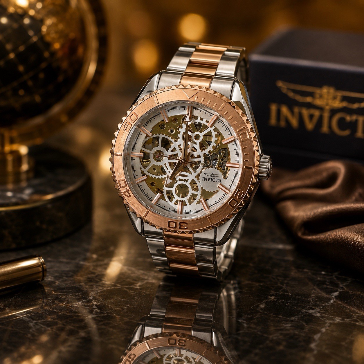 Invicta 69763 Automatic Watch w/ Skeleton Dial – 43mm, Silver, Rose Gold