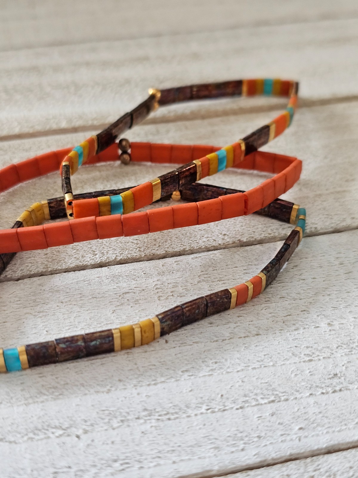 Miyuki Tila Orange Turq Mustard Brown Set Bracelets Glass Tile Stackable NTS6