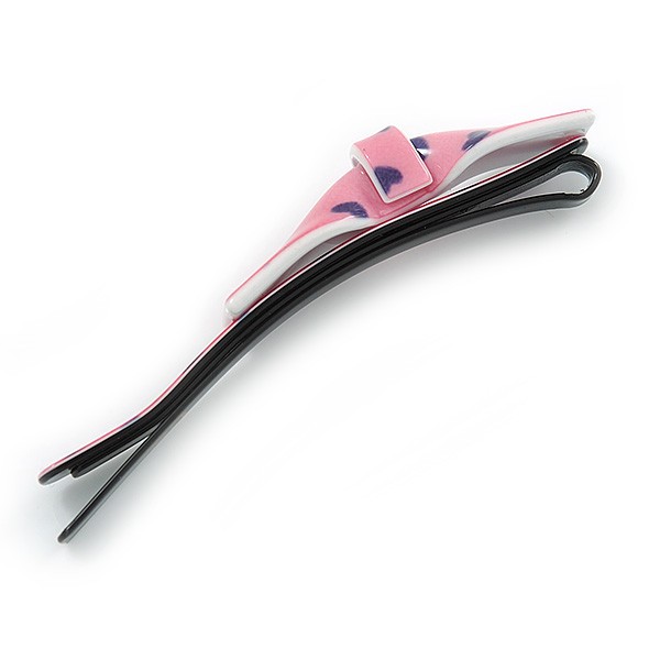 1Pcs Pink with Purple Hearts Acrylic Bow Hair Grip/ Slide In Black Tone Metal –