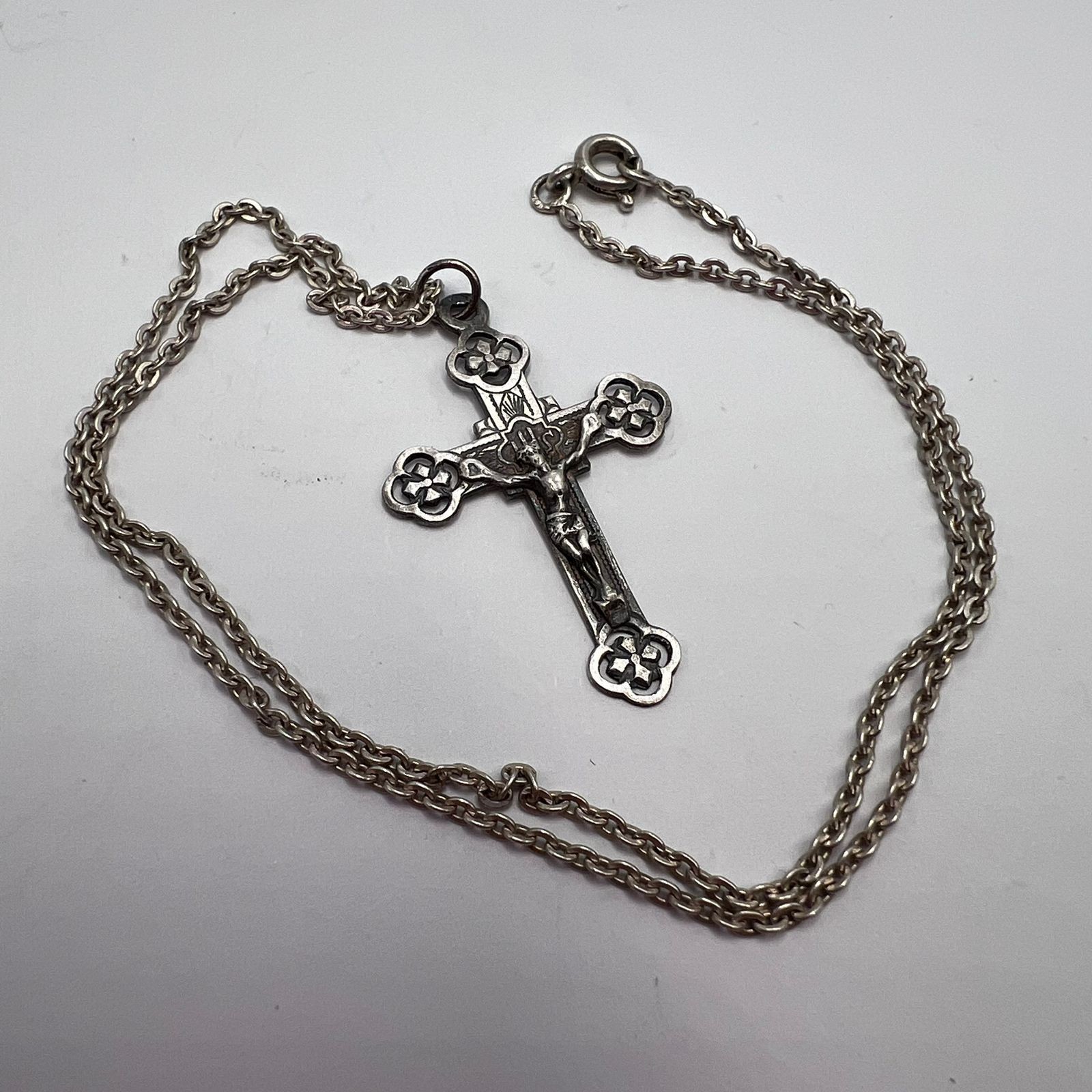 Vintage French 800 Silver Crucifix Cross Pendant w/ Chain Marked 38cm Religious