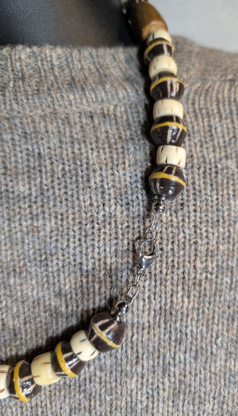 Tribal Wood Bead Necklace, African Krobo Bicone, Bone, Men’s 23in, Earth Tones