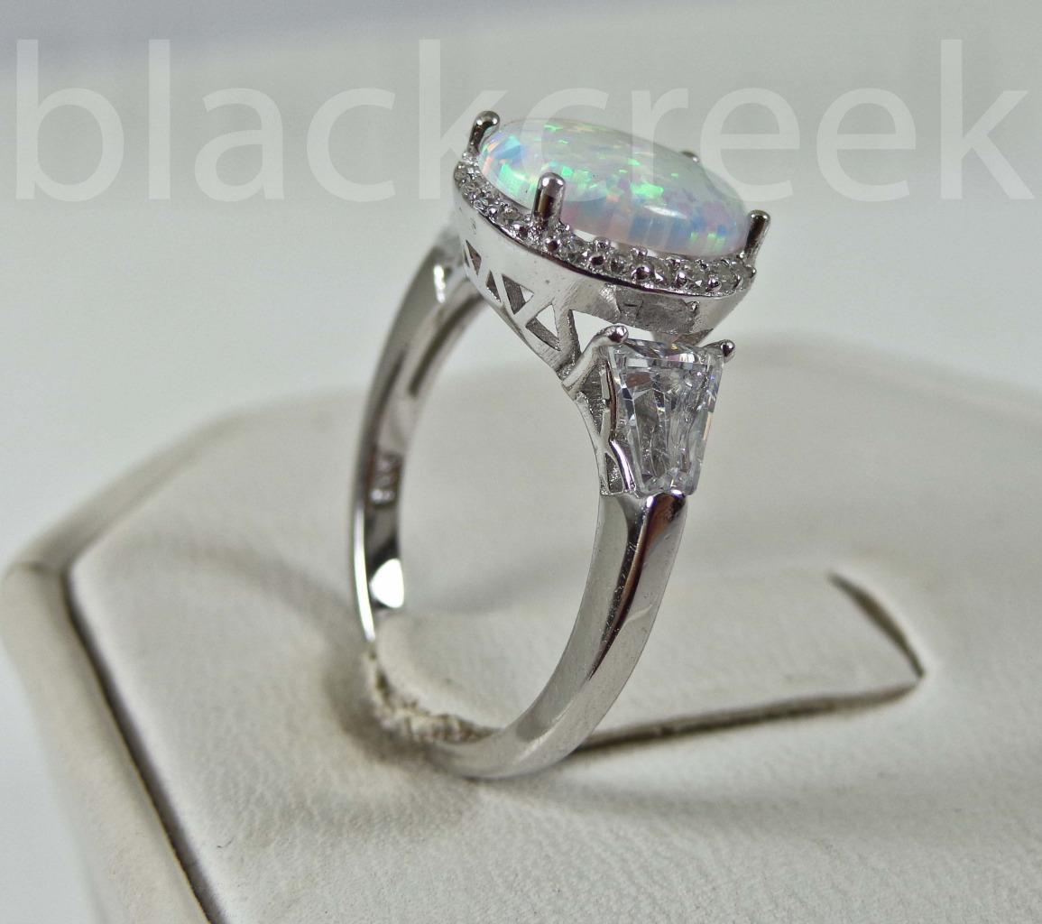 925 Sterling Silver~White Fire Oval Opal/Micro Pave Ring Choose Size
