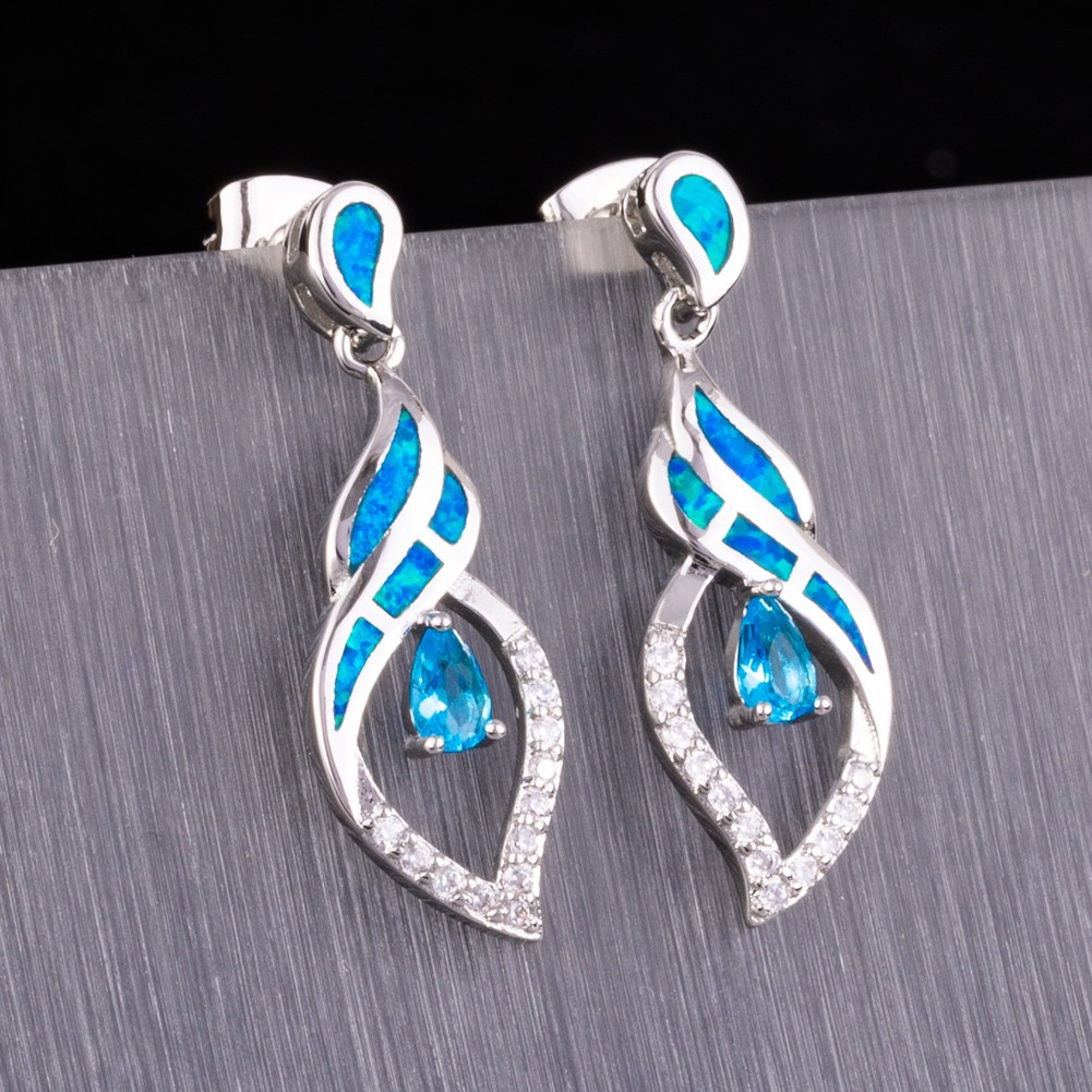 3×5 Simulated Blue Topaz Blue Fire Opal Silver Jewelry Drop Pierced Earrings
