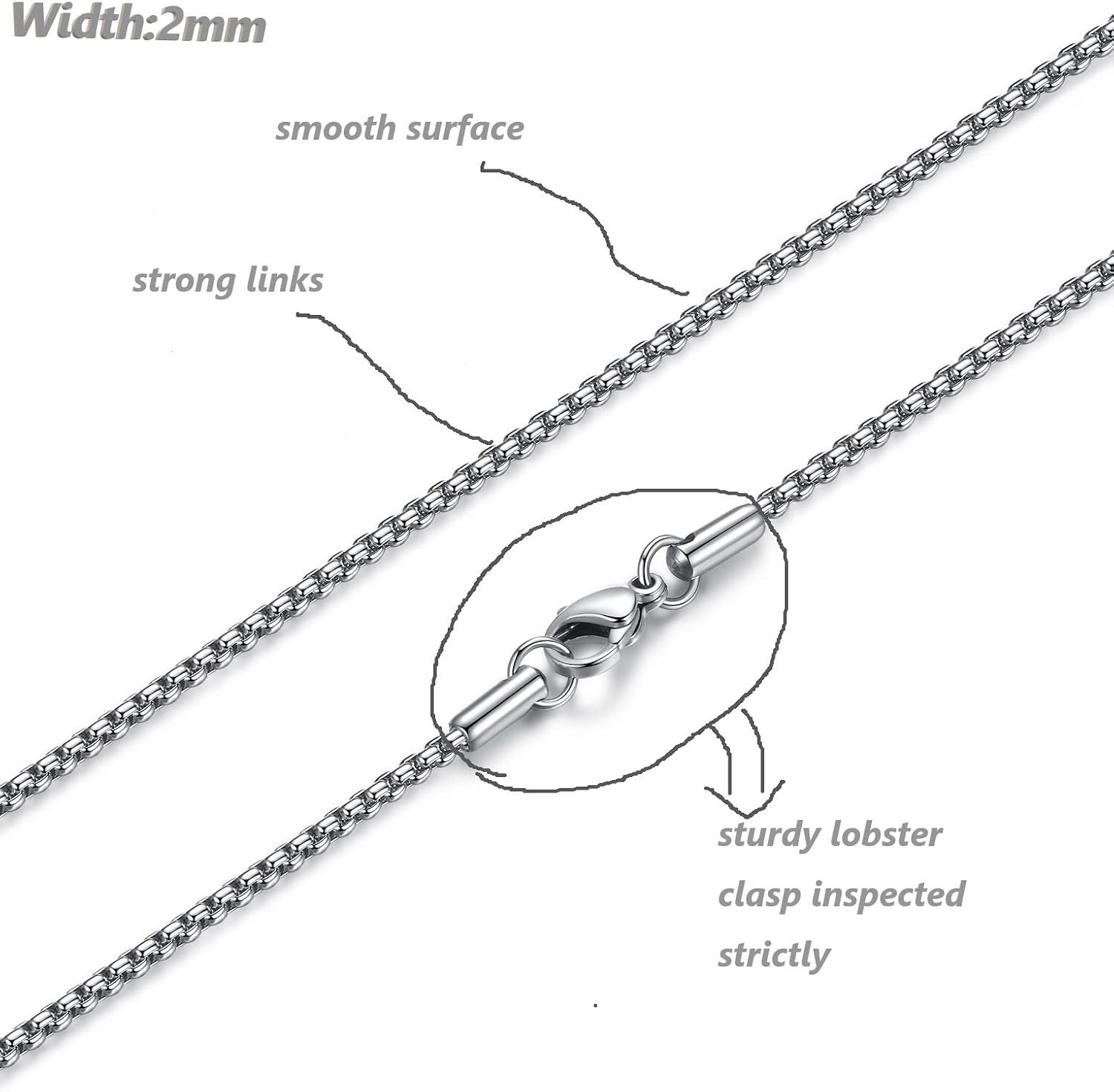 Mens Chain Necklaces, Stainless Steel Rolo Chain Necklace for Men and Women, Sil