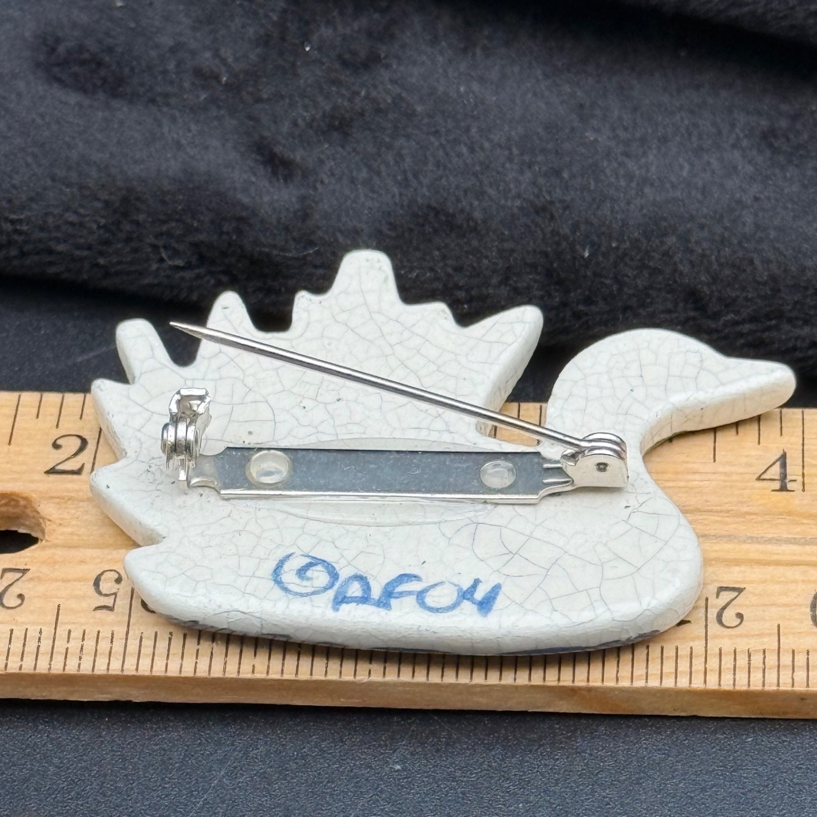 Hand Painted Ceramic Loon Brooch Cattails Folk Art Bird Pin Crackle Glaze