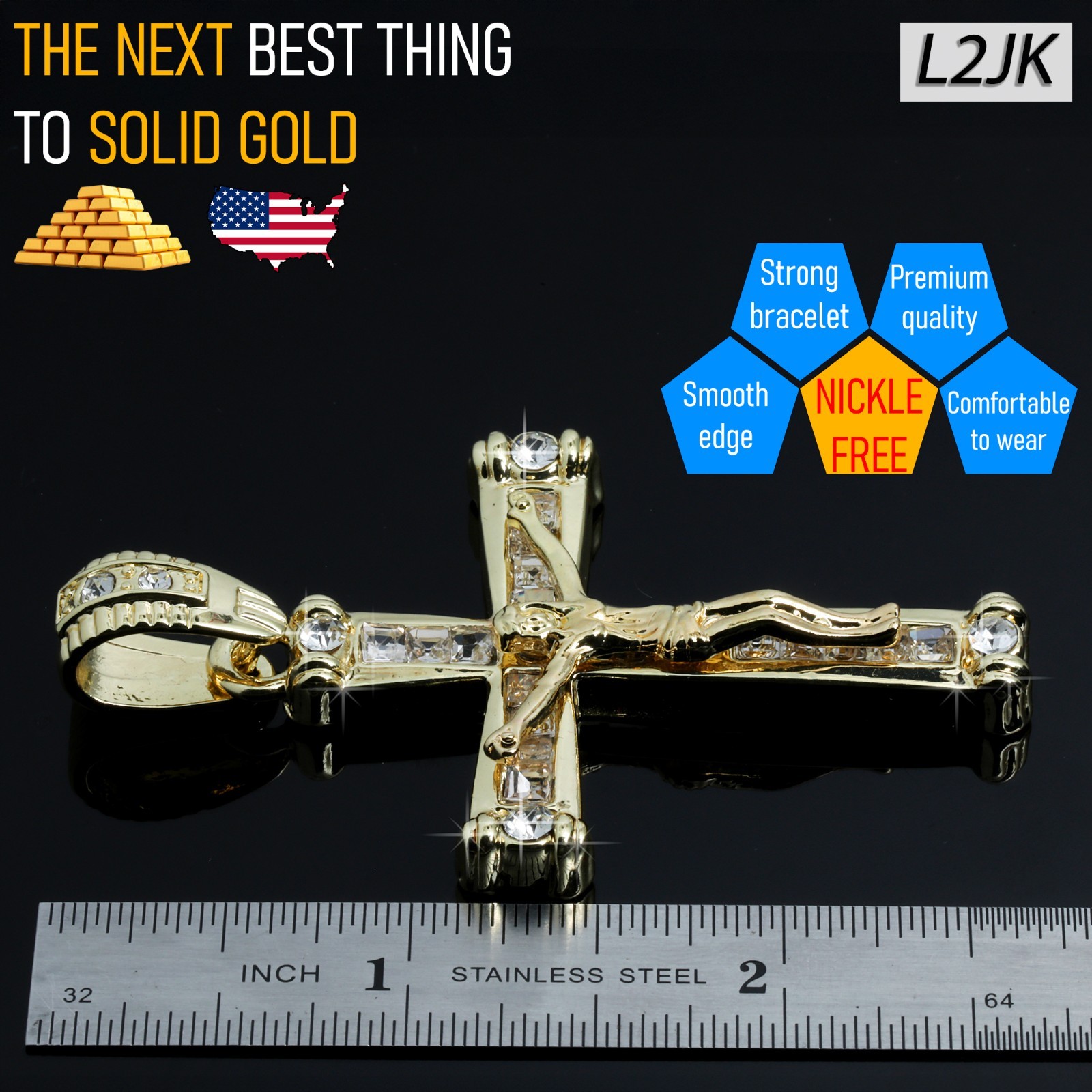 Iced Latin Jesus Cross Pendant Cubic Zirconia 14k Gold Plated Rope Chain For Men
