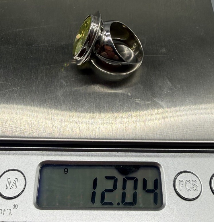 Sterling Silver Large Lime Green Yellow Faceted Crystal Statement Ring Sz 5.75