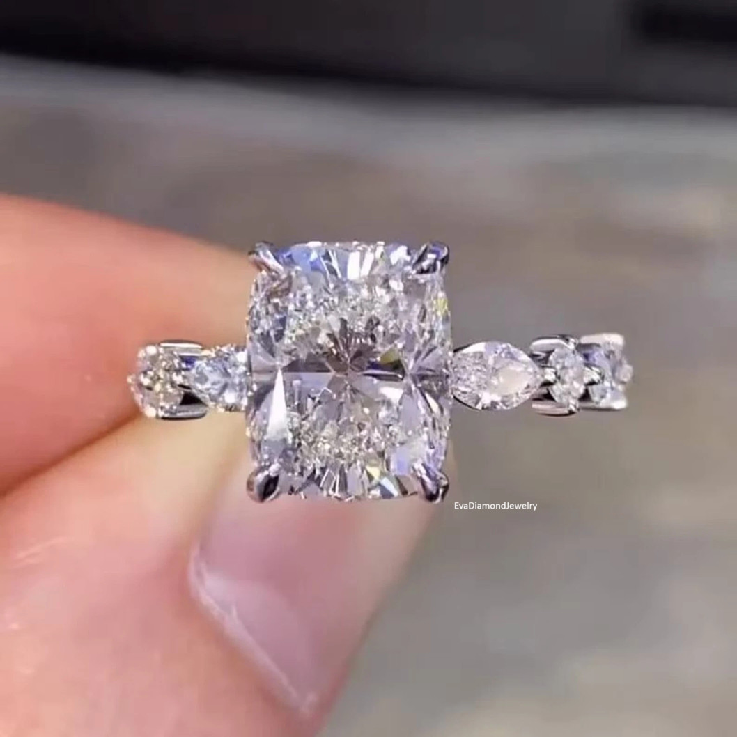 3.20 CTW Elongated Cushion VVS1 Moissanite Wedding Ring 14k White Gold Plated