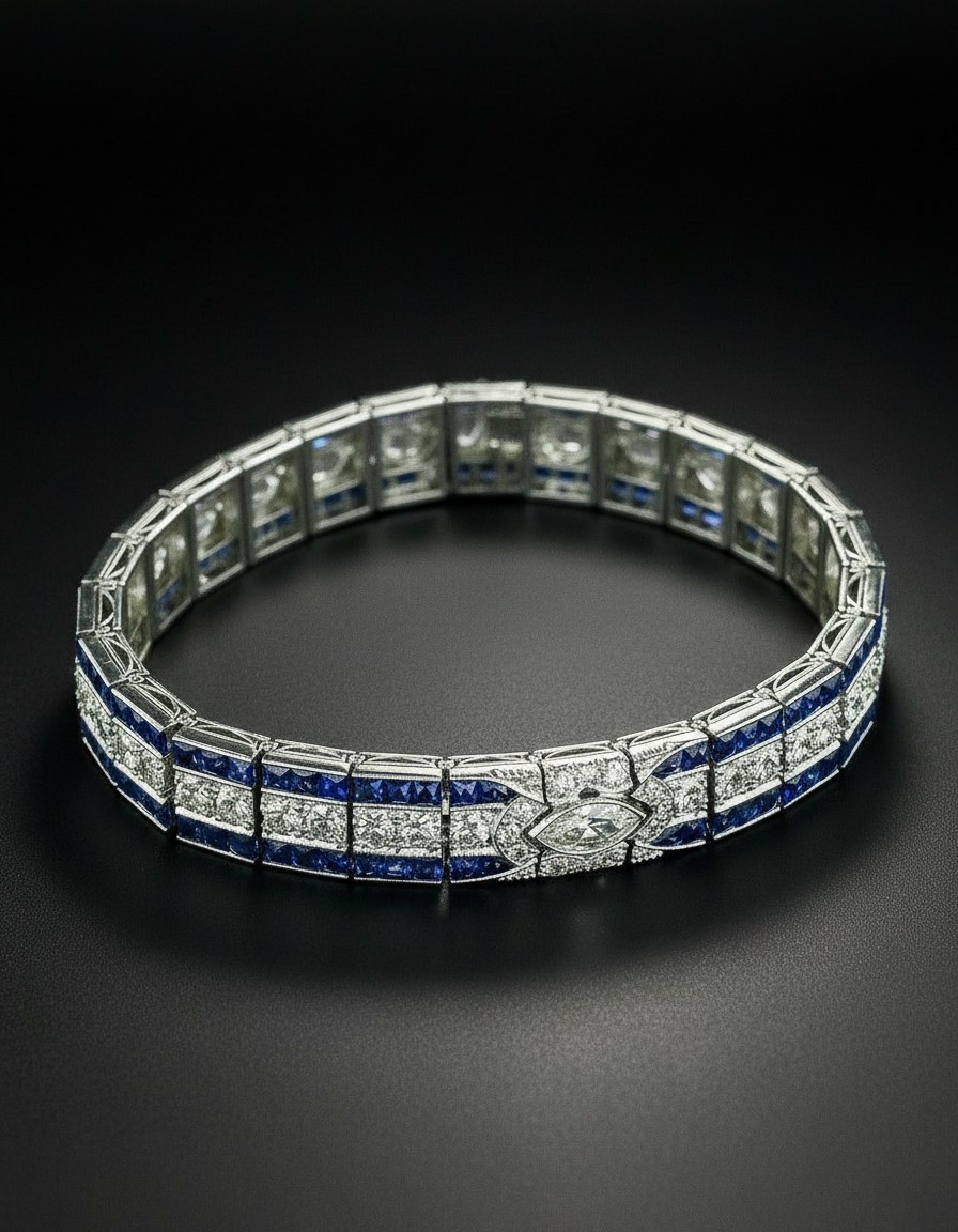 Blue Sapphire Princess Cut & Round Diamond Link Bracelet Wedding Bridal Jewelry