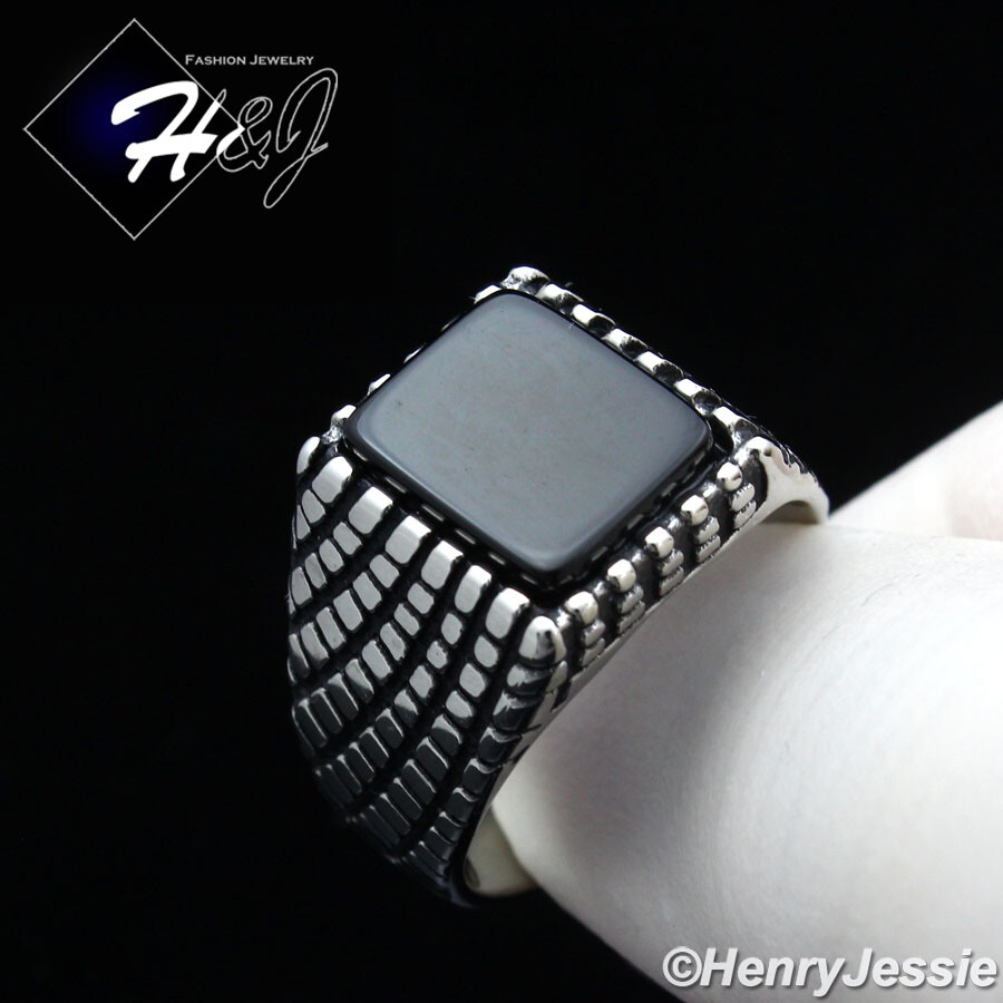 MEN’s Stainless Steel Silver/Black Plated Square Onyx Ring Size 8-13*R137