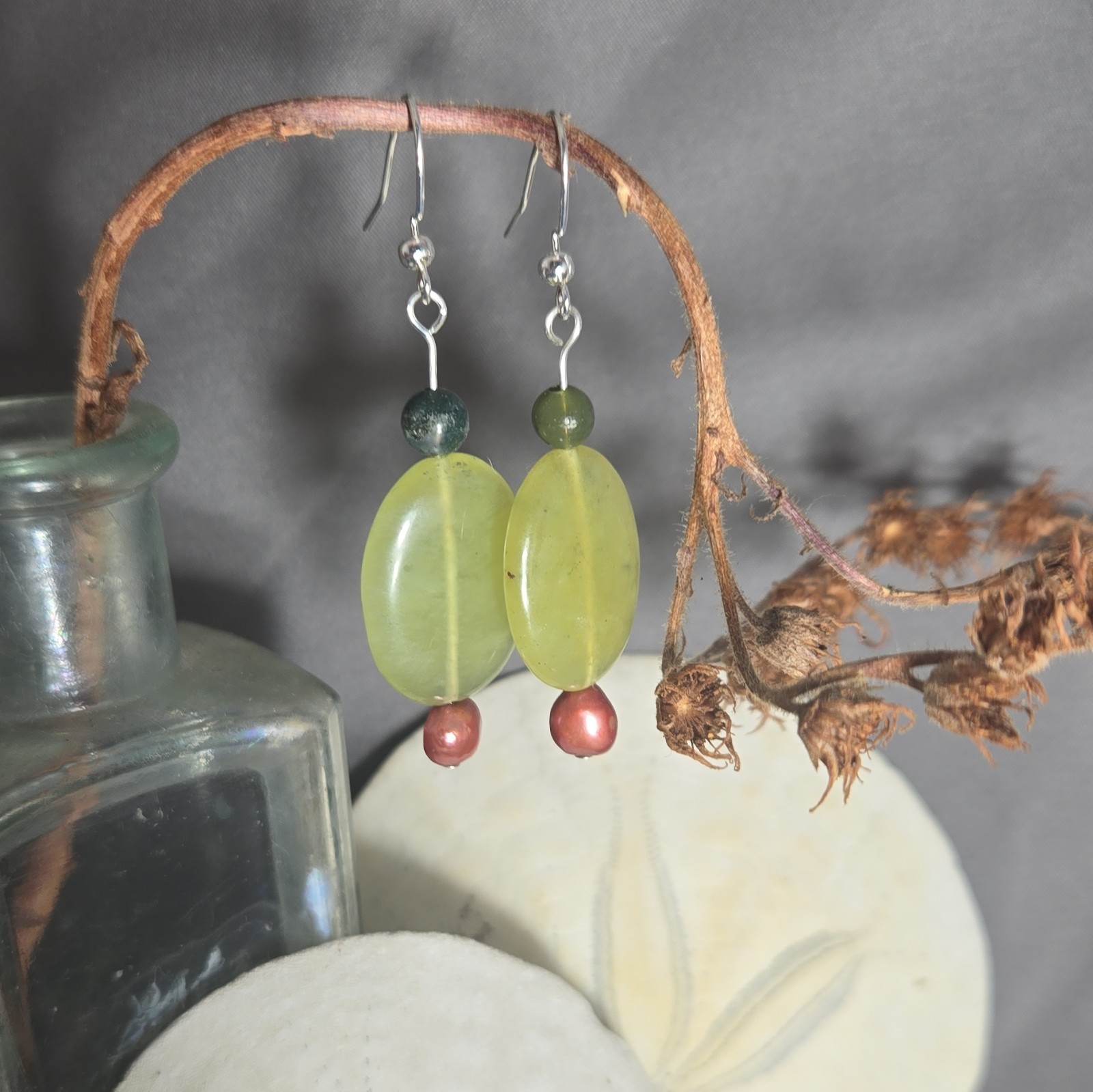 Handcrafted Green Oval Beaded Dangle Drop Earrings Silver Hook Ear Wires