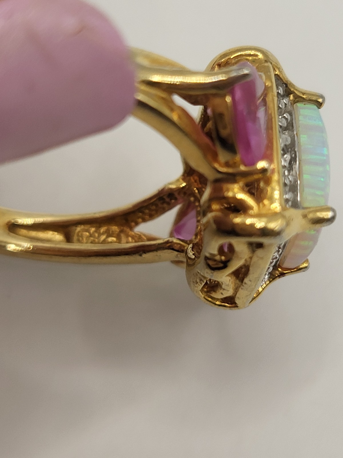 Fire Opal Pink Sapphire Lab Created Stones Sterling Vermeil Cocktail Halo Ring