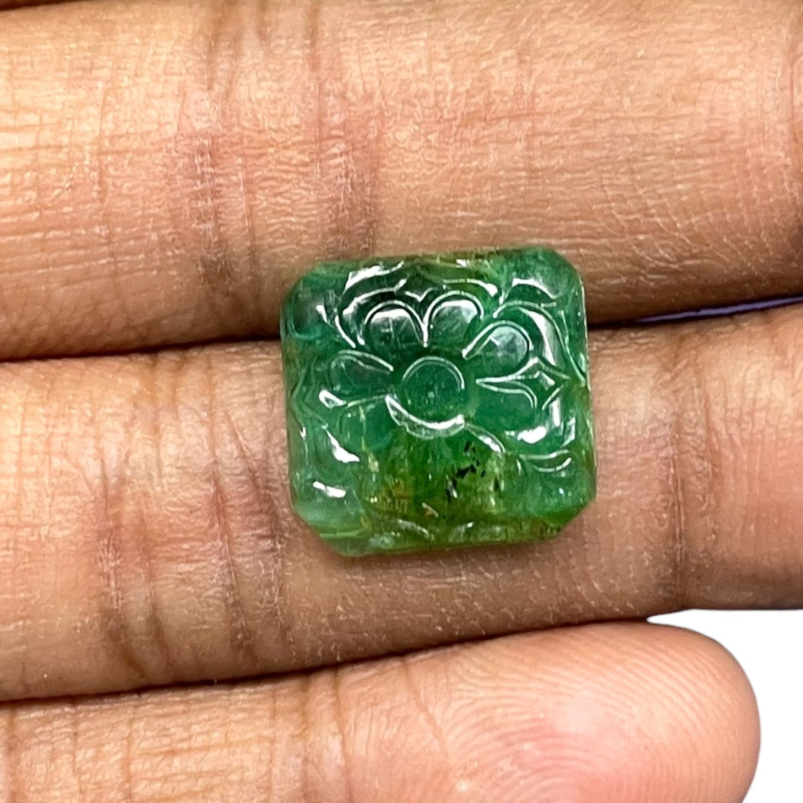 6.70 Cts Natural Zambian Emerald 14×13.7mm Rich Green Carved Untreated Gemstone