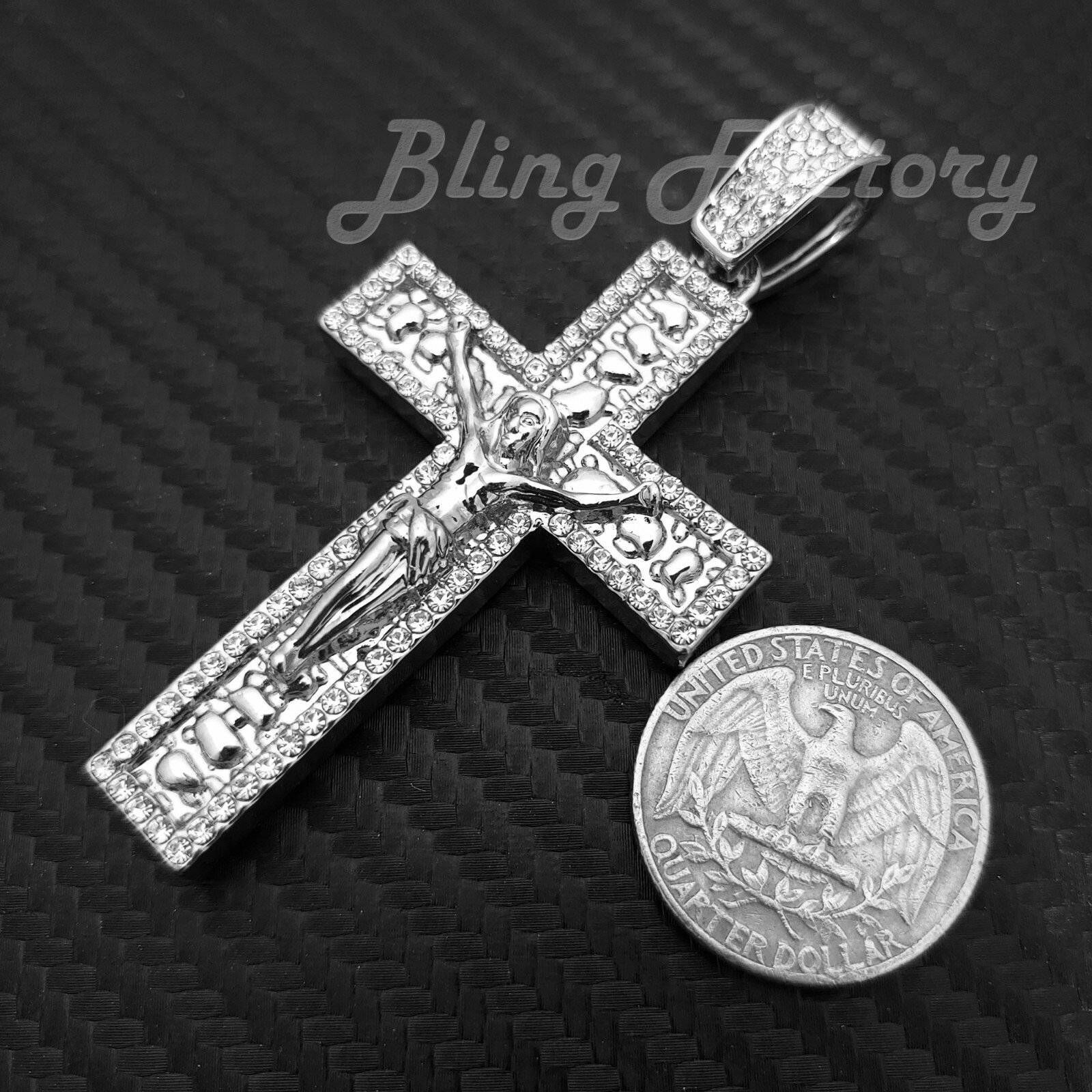 Silver Nugget Jesus Cross & 8mm 24″ Rope Chain & 18″ Iced Cuban Chain Necklace