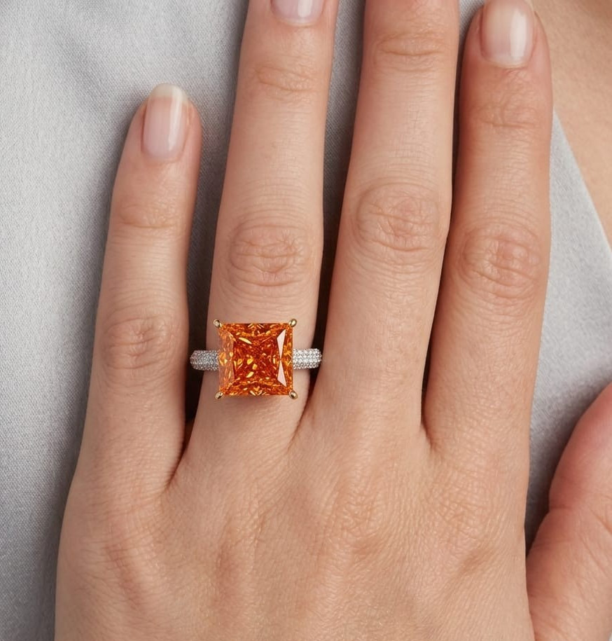 RARE 6.40 Ct Certified Princess Cut Orange Natural Diamond Engagement Ring